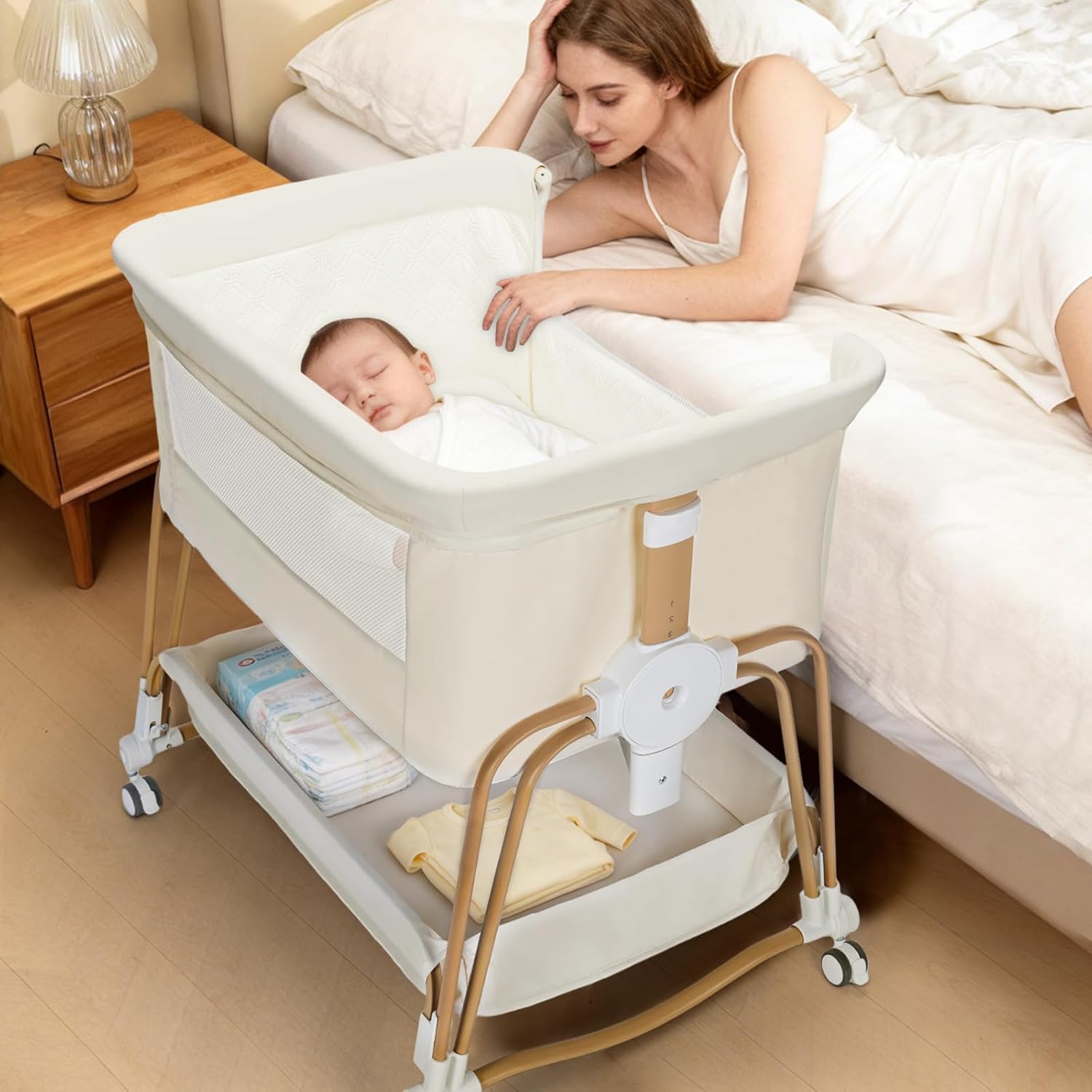 PRVAETU 4-in-1 Baby Bassinet & Bedside Sleeper for Babies, 7-Level Height Adjustable, Wheels with Storage Basket, Breathable Mesh,White