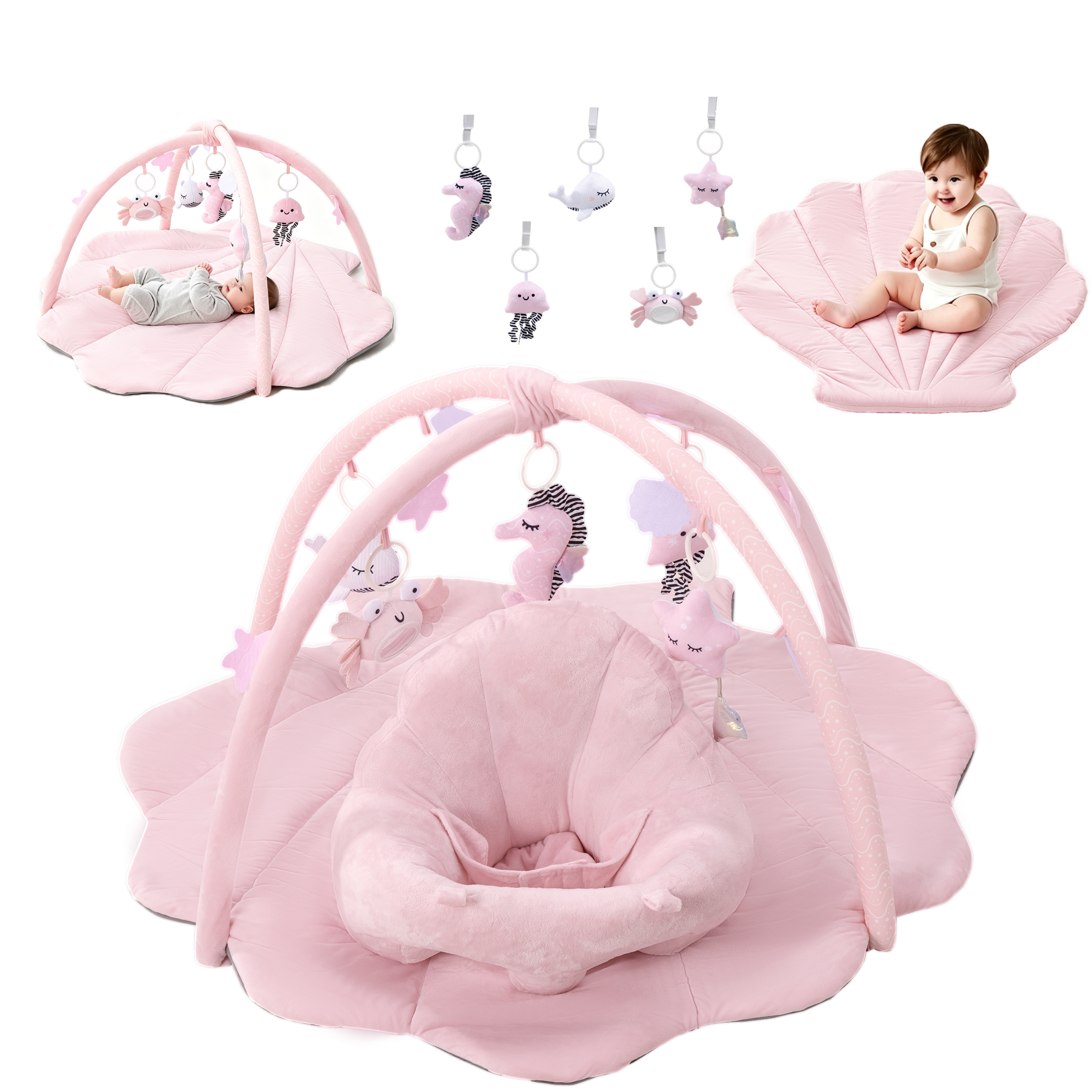 PRVAETU Baby Gym Playmat,Tummy Time Mat,Sit &amp;Play Activity Mat with 6 Detachable Toys,Washable Baby Mat &amp; Toys,Baby Gift for 0-18 Months