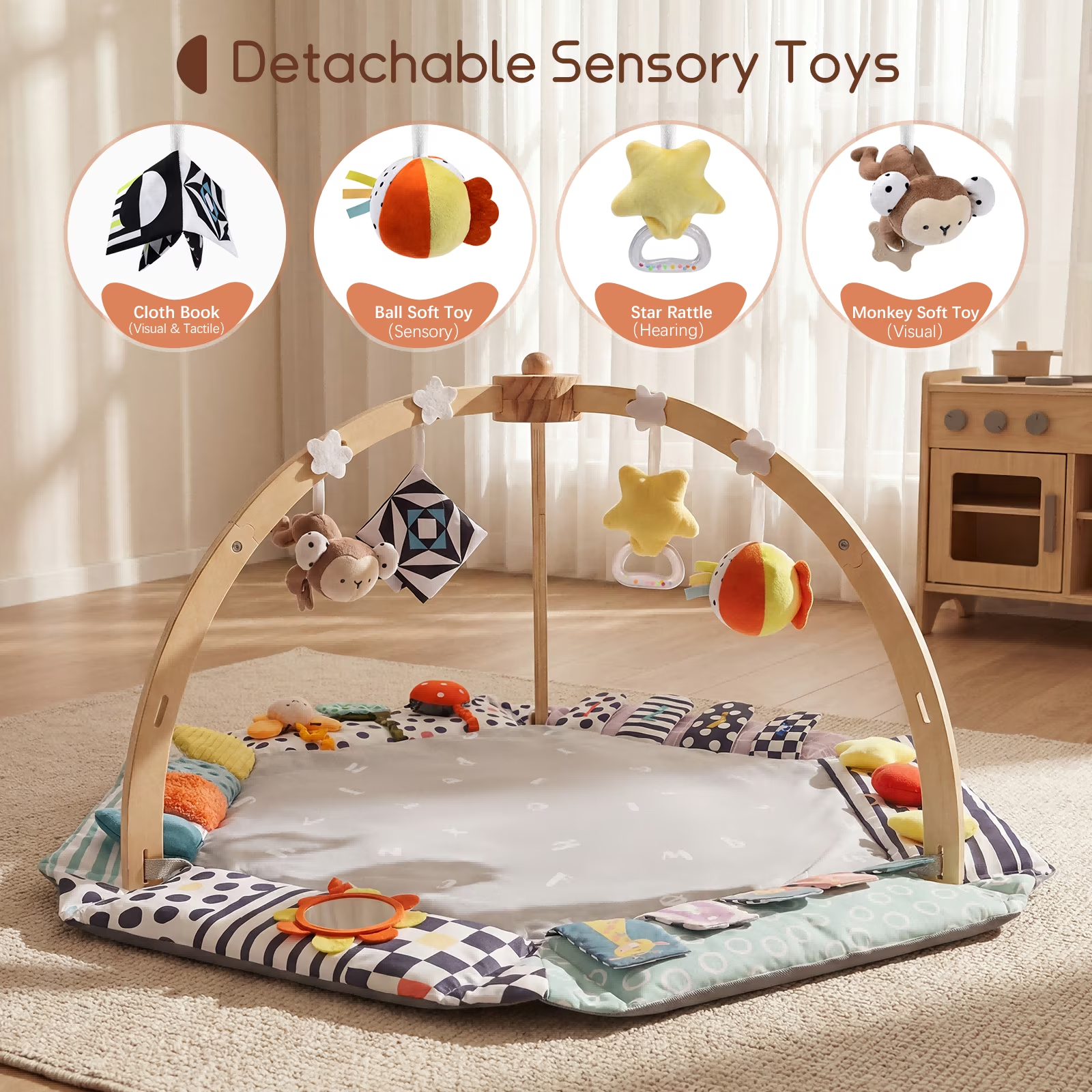 PRVAETU Baby Play Mat with Foldable Raised Edges, Wooden Gym & 6-in-1 Activity Center, Convertible Ball Pit, Sensory Playmat for Infants 6-18 Months
