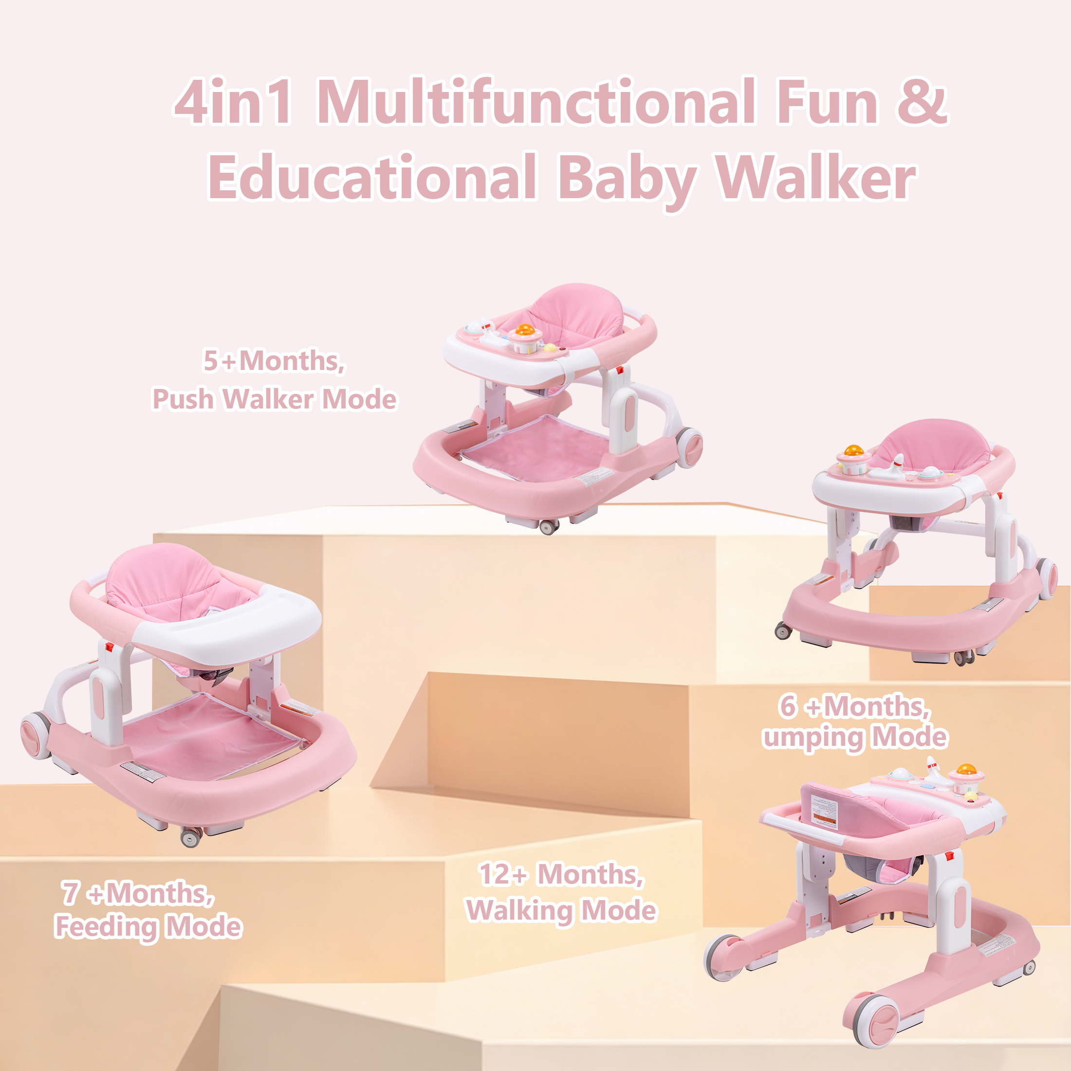 PRVAETU 4-in-1 Baby Walker with Wheels, Adjustable Height, Music and Light for Girls Boys Infant 6-18 Months