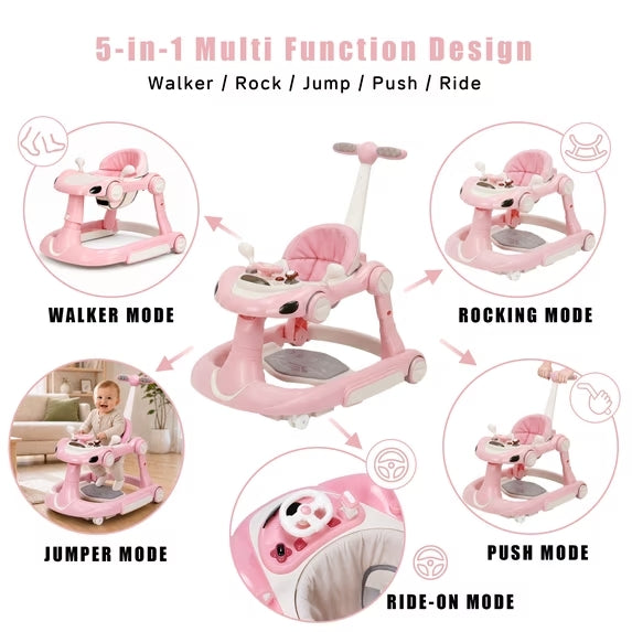 PRVAETU 5 in 1 Baby Walker for Boys Girls,Foldable,Music,Light,Jumper,Rocking,Push,Height Adjustable Training Activity for Babies Infant 6-18 Months