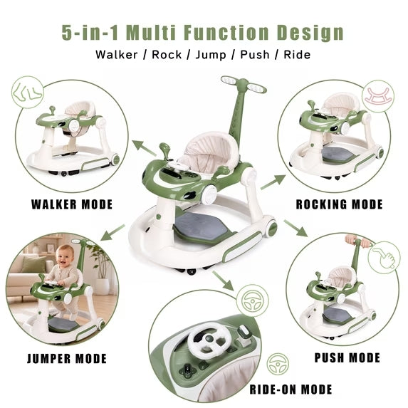 PRVAETU 5 in 1 Baby Walker for Boys Girls,Foldable,Music,Light,Jumper,Rocking,Push,Height Adjustable Training Activity for Babies Infant 6-18 Months
