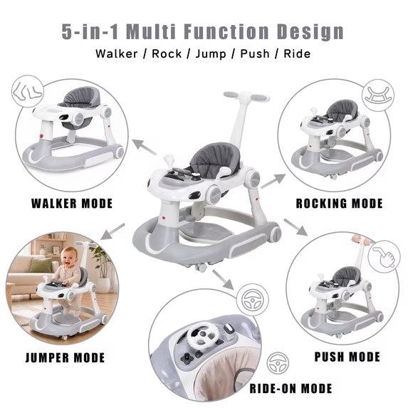 PRVAETU 5 in 1 Baby Walker for Boys Girls,Foldable,Music,Light,Jumper,Rocking,Push,Height Adjustable Training Activity for Babies Infant 6-18 Months