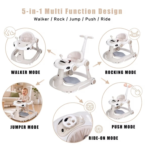 PRVAETU 5 in 1 Baby Walker for Boys Girls,Foldable,Music,Light,Jumper,Rocking,Push,Height Adjustable Training Activity for Babies Infant 6-18 Months