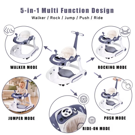 PRVAETU 5 in 1 Baby Walker for Boys Girls,Foldable,Music,Light,Jumper,Rocking,Push,Height Adjustable Training Activity for Babies Infant 6-18 Months