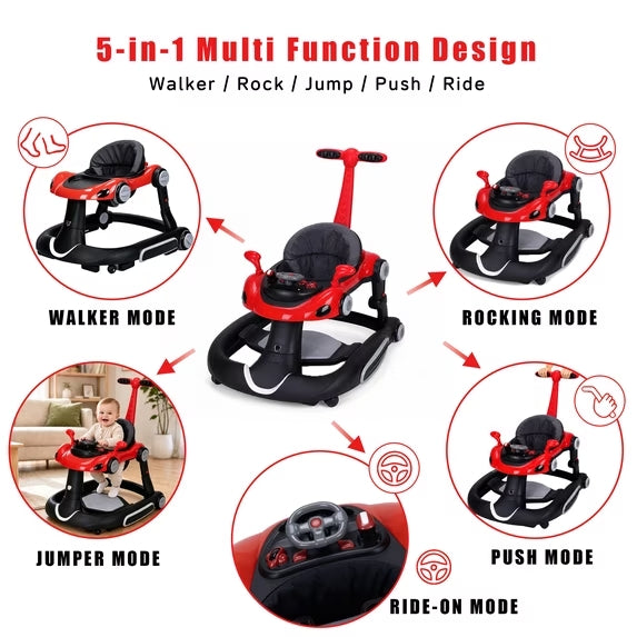 PRVAETU 5 in 1 Baby Walker for Boys Girls,Foldable,Music,Light,Jumper,Rocking,Push,Height Adjustable Training Activity for Babies Infant 6-18 Months