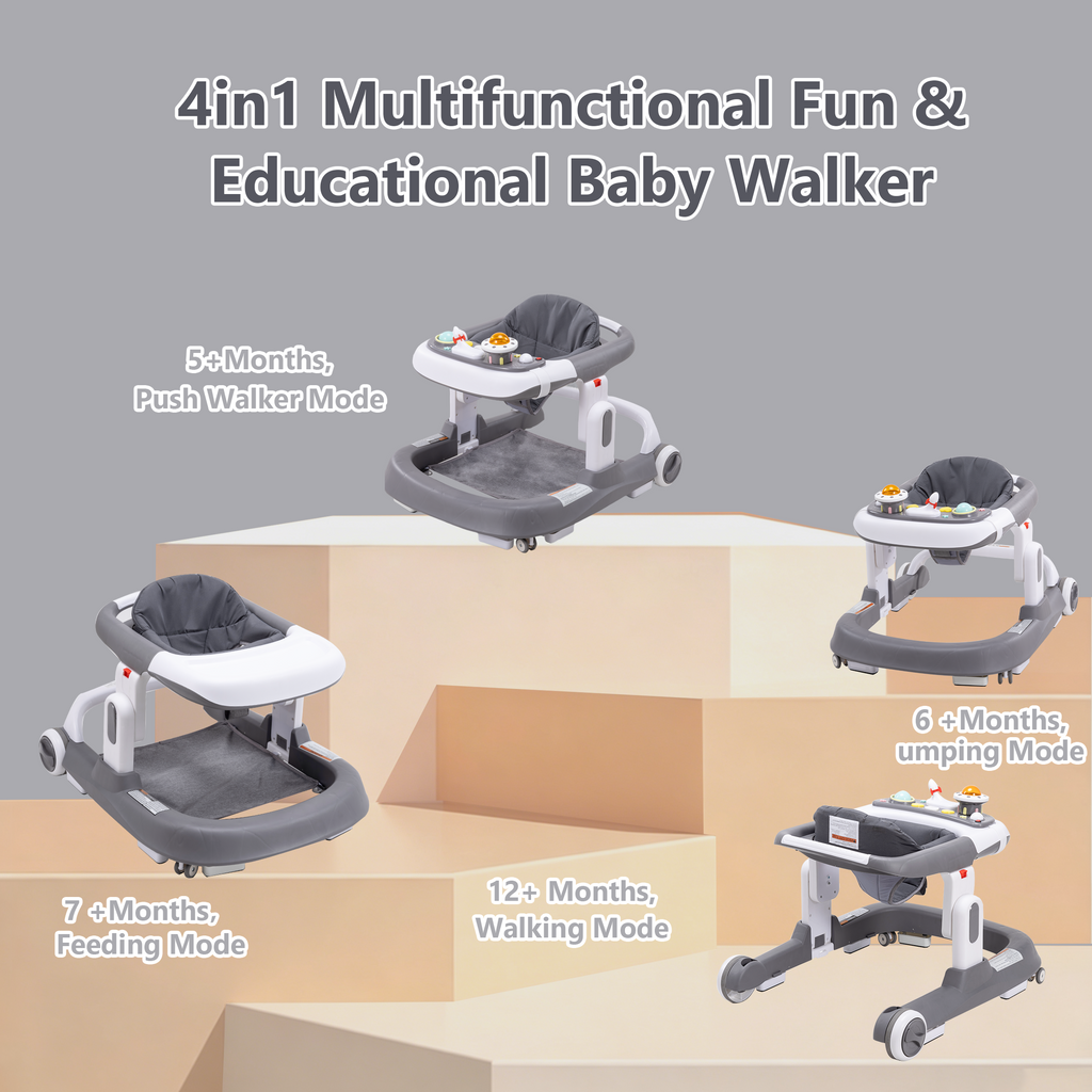 PRVAETU 4-in-1 Baby Walker with Wheels, Adjustable Height, Music and Light for Girls Boys Infant 6-18 Months