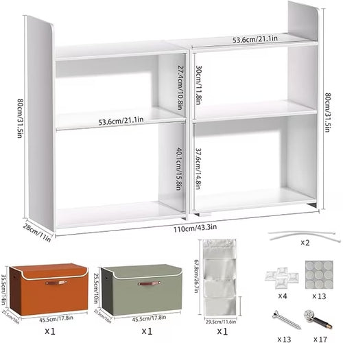 PRVAETU 4 Cube Storage Organizer, 32inch Wooden Extendable Book Shelf DIY Bookcase with 2 pcs Storage Cabinet and Side Pockets, Open Storage Cabinet for Living Room, Bedroom, Home, Office