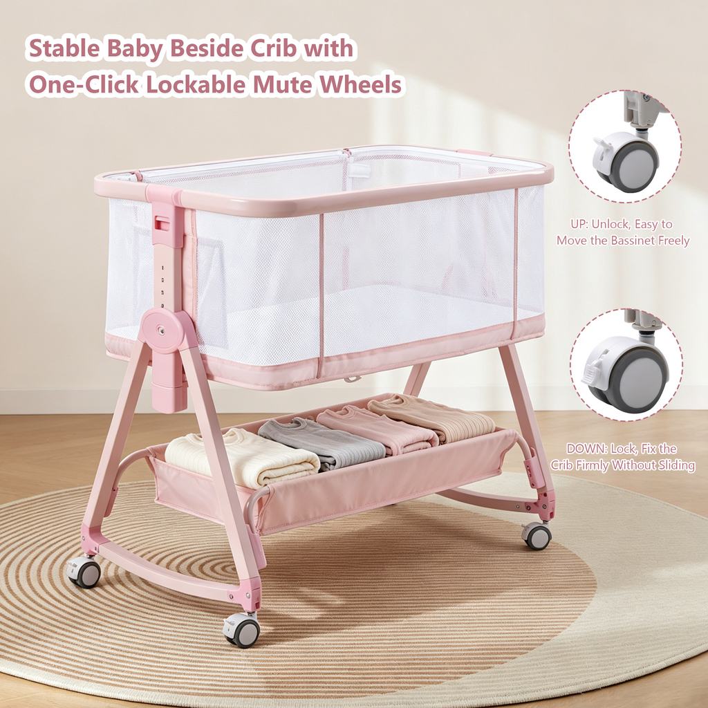 PRVAETU Baby Bassinet Bedside Sleeper, 6-Level Height Adjustable Bedside Crib with 360° Silent Lockable Wheels, Portable Bassinet for Newborns and Infants