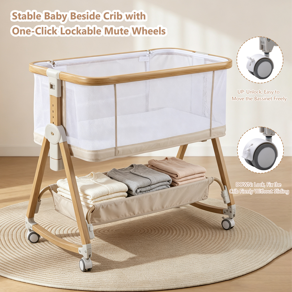 PRVAETU Baby Bassinet Bedside Sleeper, 6-Level Height Adjustable Bedside Crib with 360° Silent Lockable Wheels, Portable Bassinet for Newborns and Infants