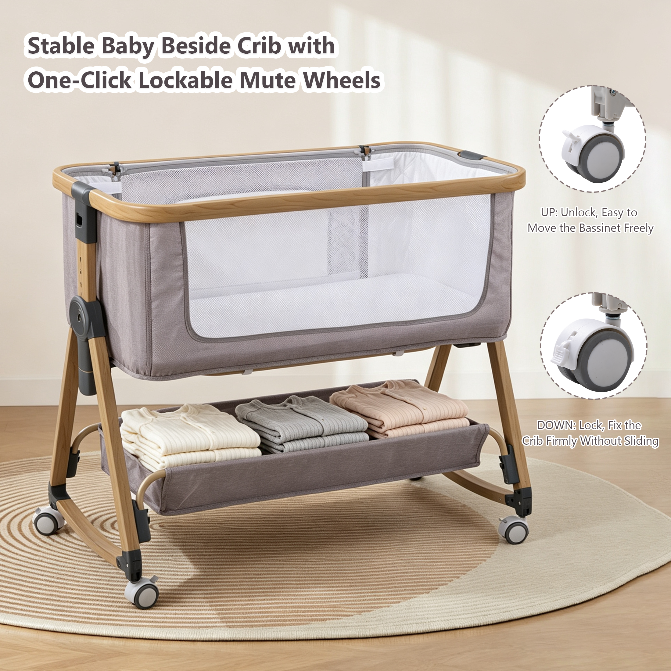 PRVAETU Baby Bassinet Bedside Sleeper, 6-Level Height Adjustable Bedside Crib with 360° Silent Lockable Wheels, Portable Bassinet for Newborns and Infants