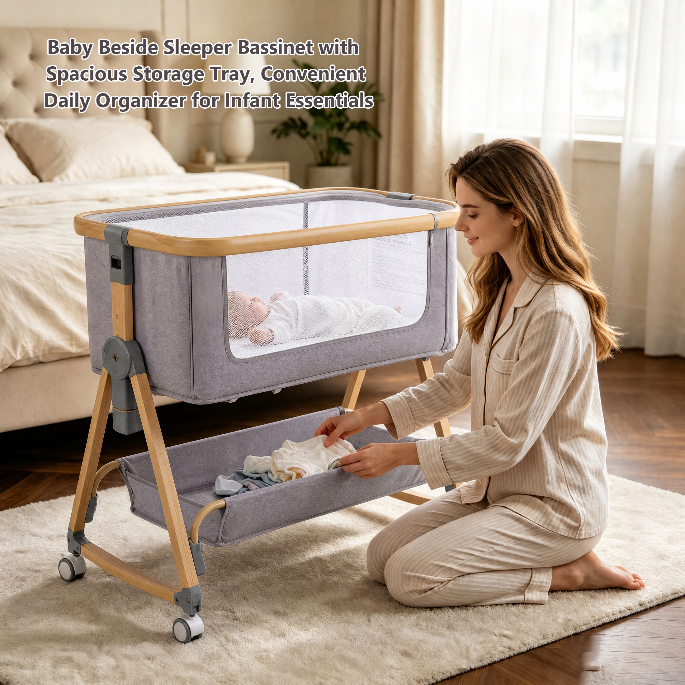 PRVAETU Baby Bassinet Bedside Sleeper, 6-Level Height Adjustable Bedside Crib with 360° Silent Lockable Wheels, Portable Bassinet for Newborns and Infants