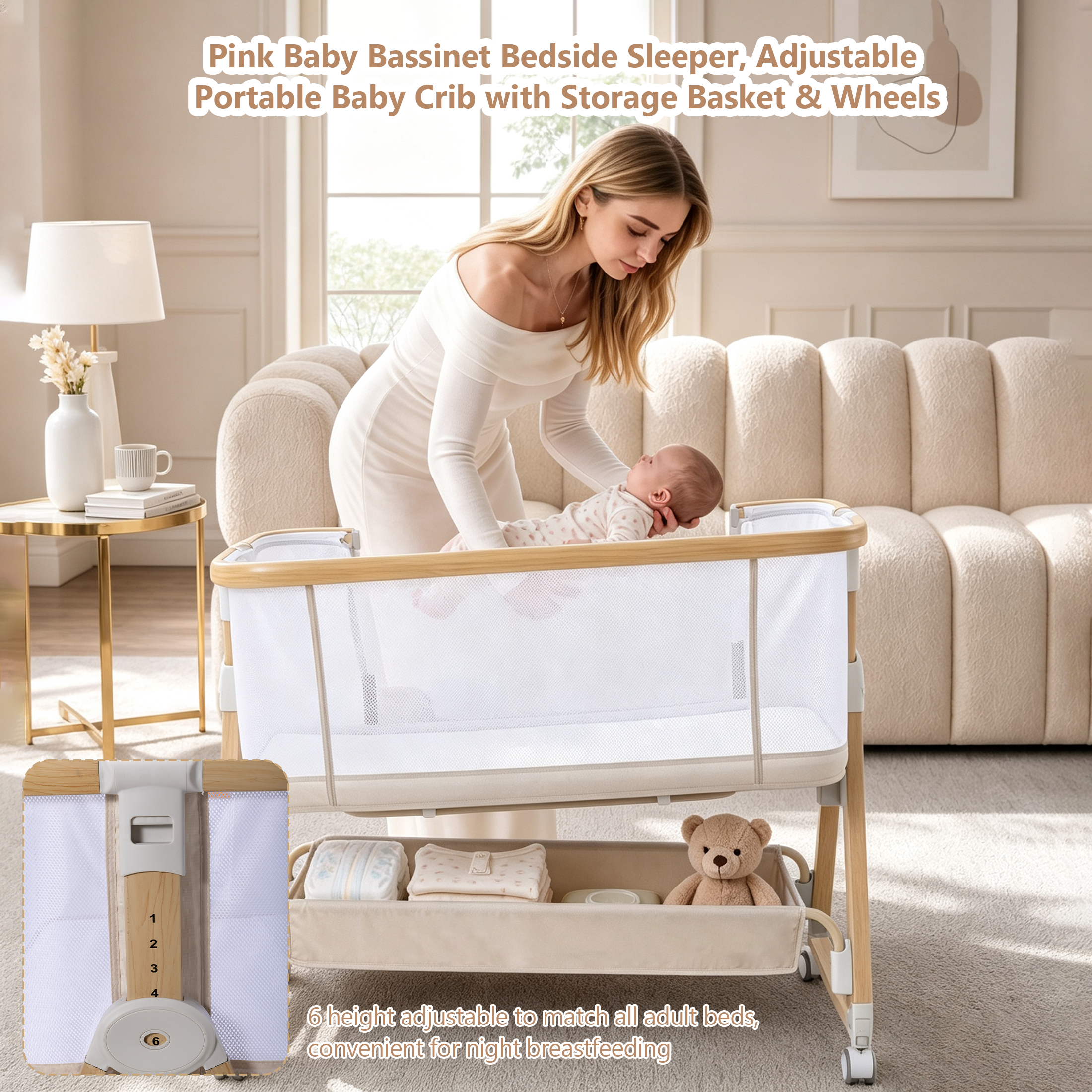 PRVAETU Baby Bassinet Bedside Sleeper, 6-Level Height Adjustable Bedside Crib with 360° Silent Lockable Wheels, Portable Bassinet for Newborns and Infants