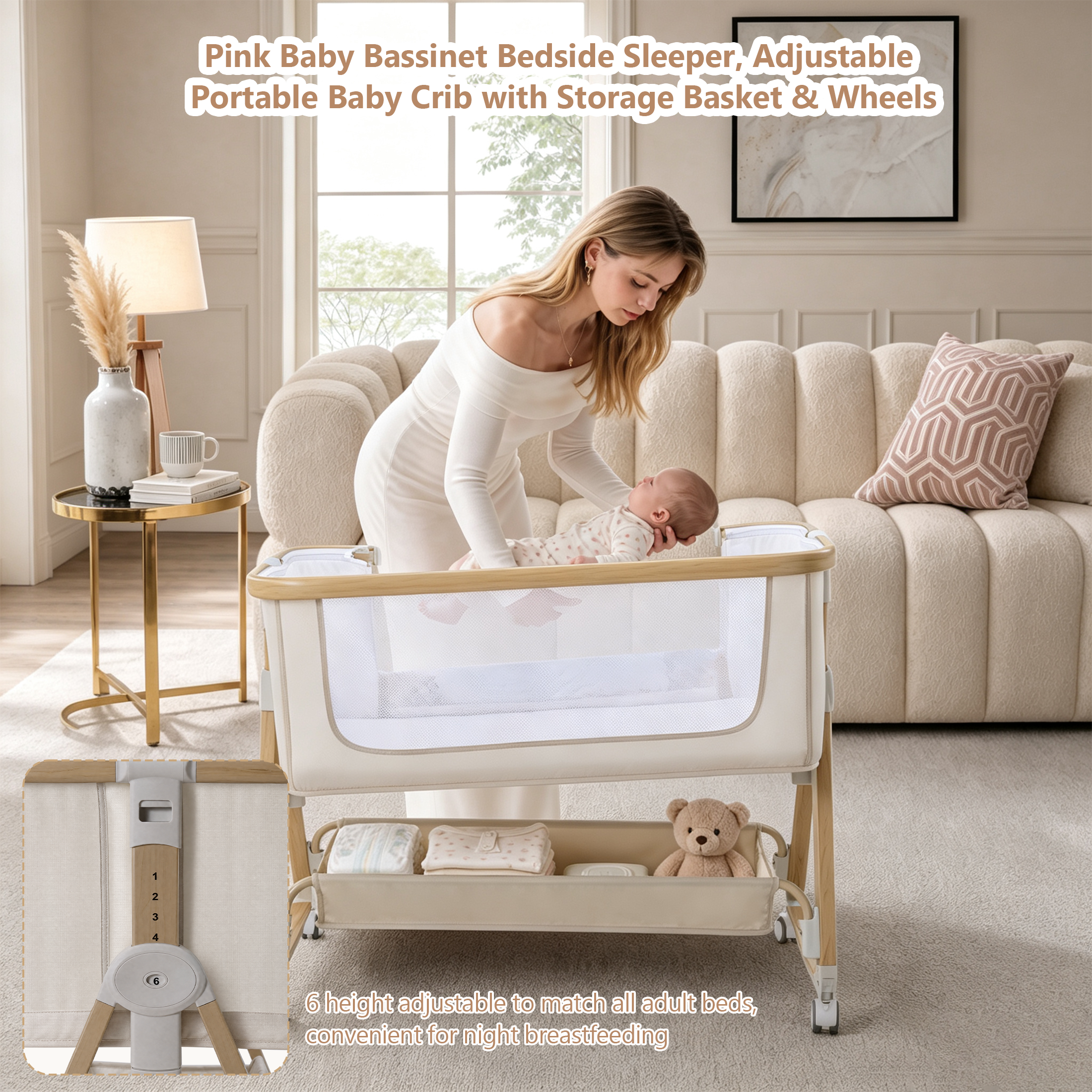PRVAETU Baby Bassinet Bedside Sleeper, 6-Level Height Adjustable Bedside Crib with 360° Silent Lockable Wheels, Portable Bassinet for Newborns and Infants