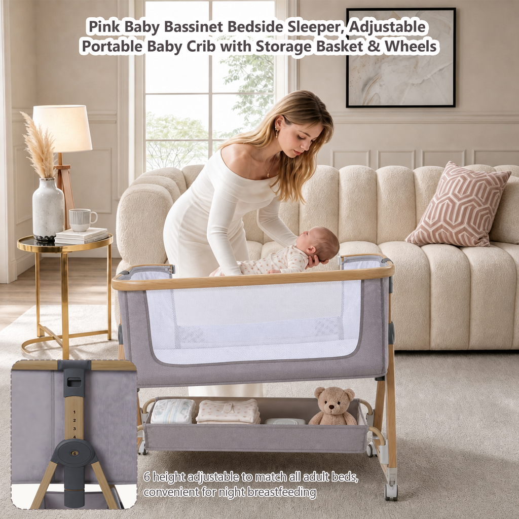 PRVAETU Baby Bassinet Bedside Sleeper, 6-Level Height Adjustable Bedside Crib with 360° Silent Lockable Wheels, Portable Bassinet for Newborns and Infants