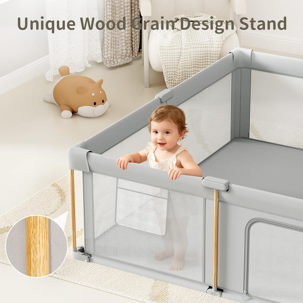 PRVAETU Foldable Baby Playpen with Mat, Play Yard Fence for Babies Boys Girls Toddlers, Large Playard W/ 300D Fabric for Infant and Kids