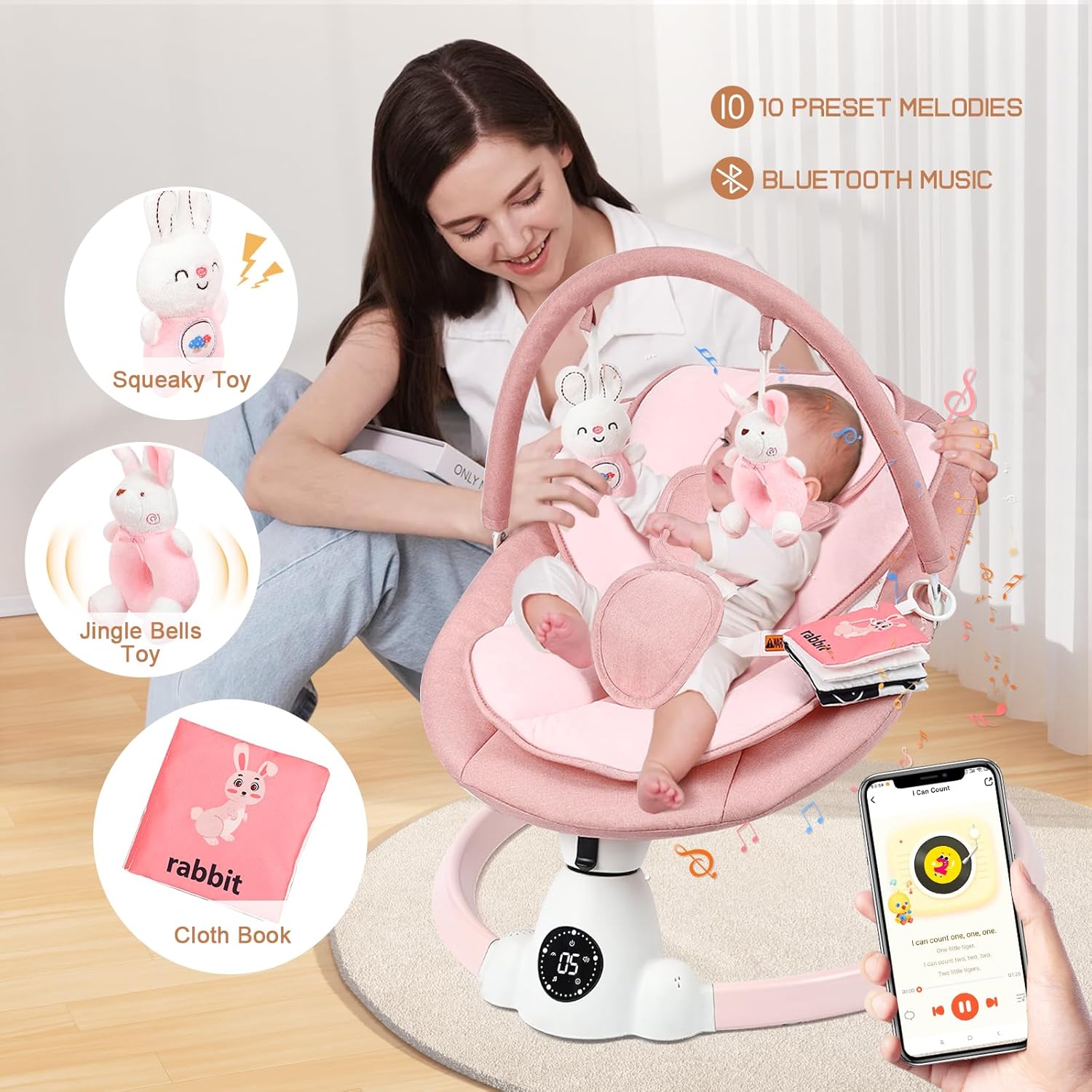 PRVAETU Portable Electric Baby Swing for Infants Toddler, 5 Speed, 10 Lullabies, 5-Point Harness, Remote Control