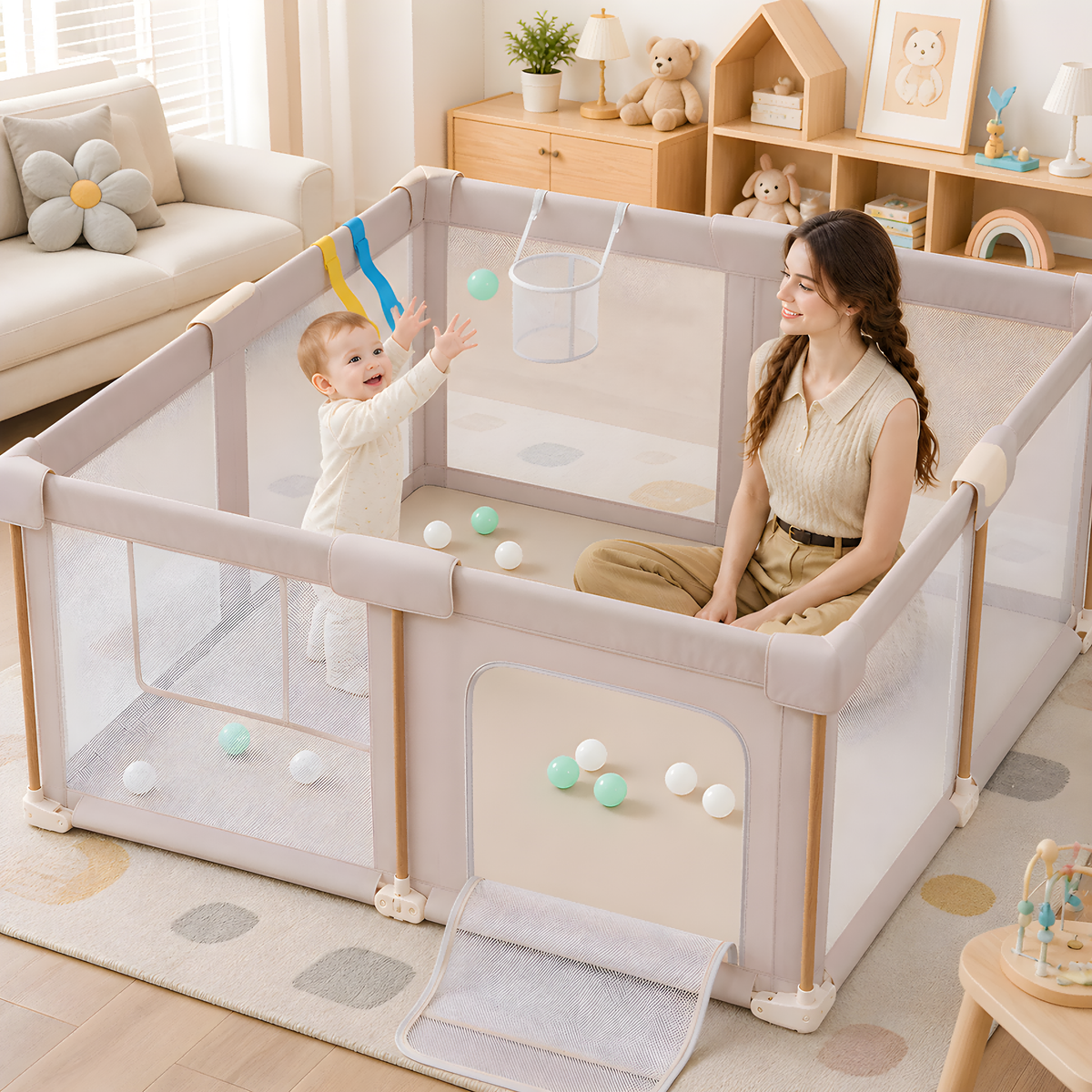 PRVAETU 51*59 Foldable Baby Playpen & Playard with Mat for Boys Girls