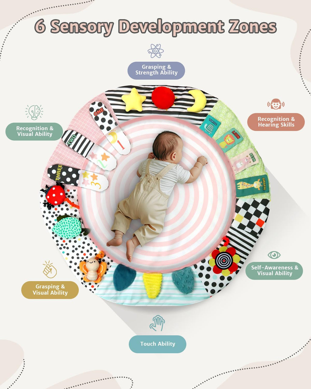 PRVAETU Wooden Baby Gym Play Mat, Foldable Tummy Time Playmat W/ 7 Detachable Toys for Infant Newborn Toddler Motor Skills Sensory Development