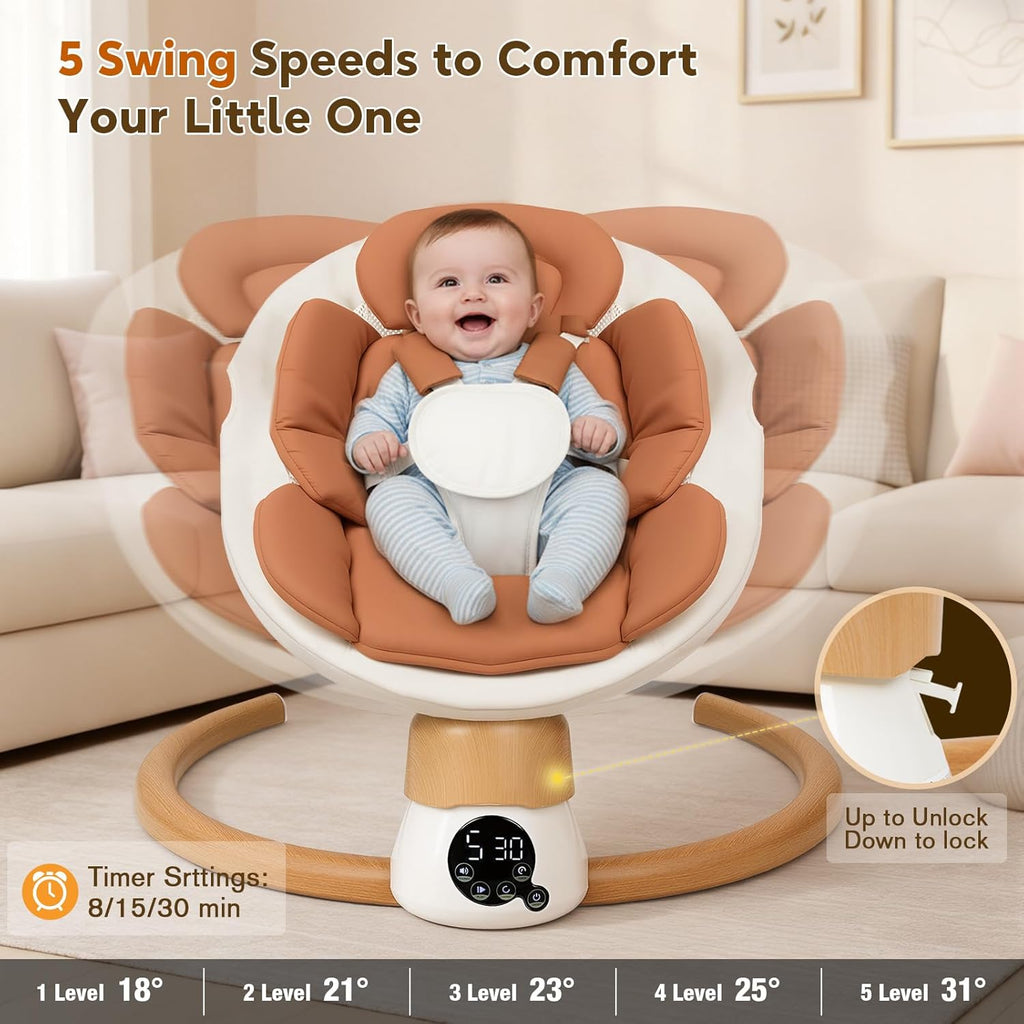 PRVAETU Electric Baby Swing for Infants, Portable Swing with Bluetooth,5 Speeds,3 Timers,10 Lullabies,5-Point Harness,Remote Control