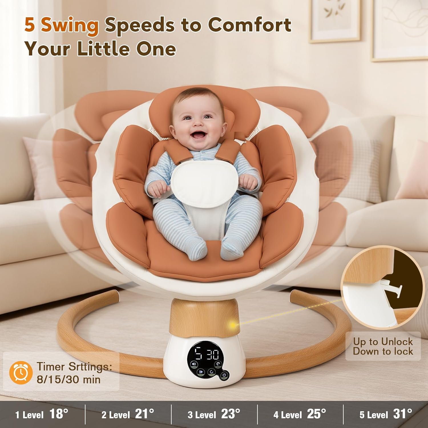 PRVAETU Electric Baby Swing for Infants, Portable Swing with Bluetooth,5 Speeds,3 Timers,10 Lullabies,5-Point Harness,Remote Control