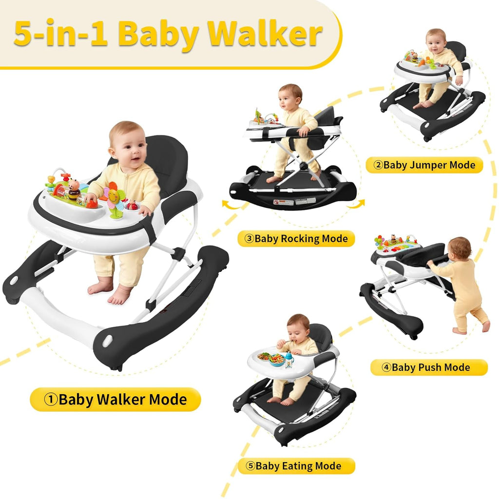 PRVAETU 5 in 1 Baby Walker (Walk,Jumper,Rocking,Push,Eating Mode) for Boys Girls,Foldable,Music & Light,Height Adjustable,Wheels for Infant Babies