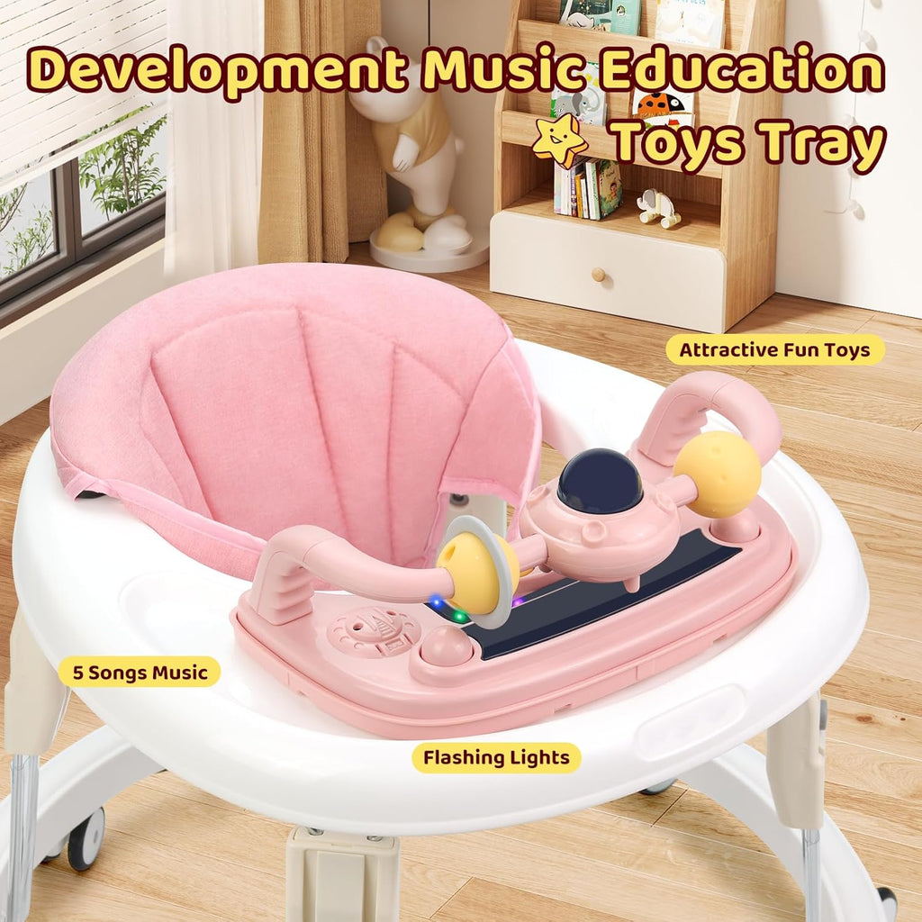 PRVAETU Foldable Baby Walker Activity Center W/ Wheels,Height Adjustable,Music Toy & Foot Pad for 6-18 Months Babies Infant Boys Girls