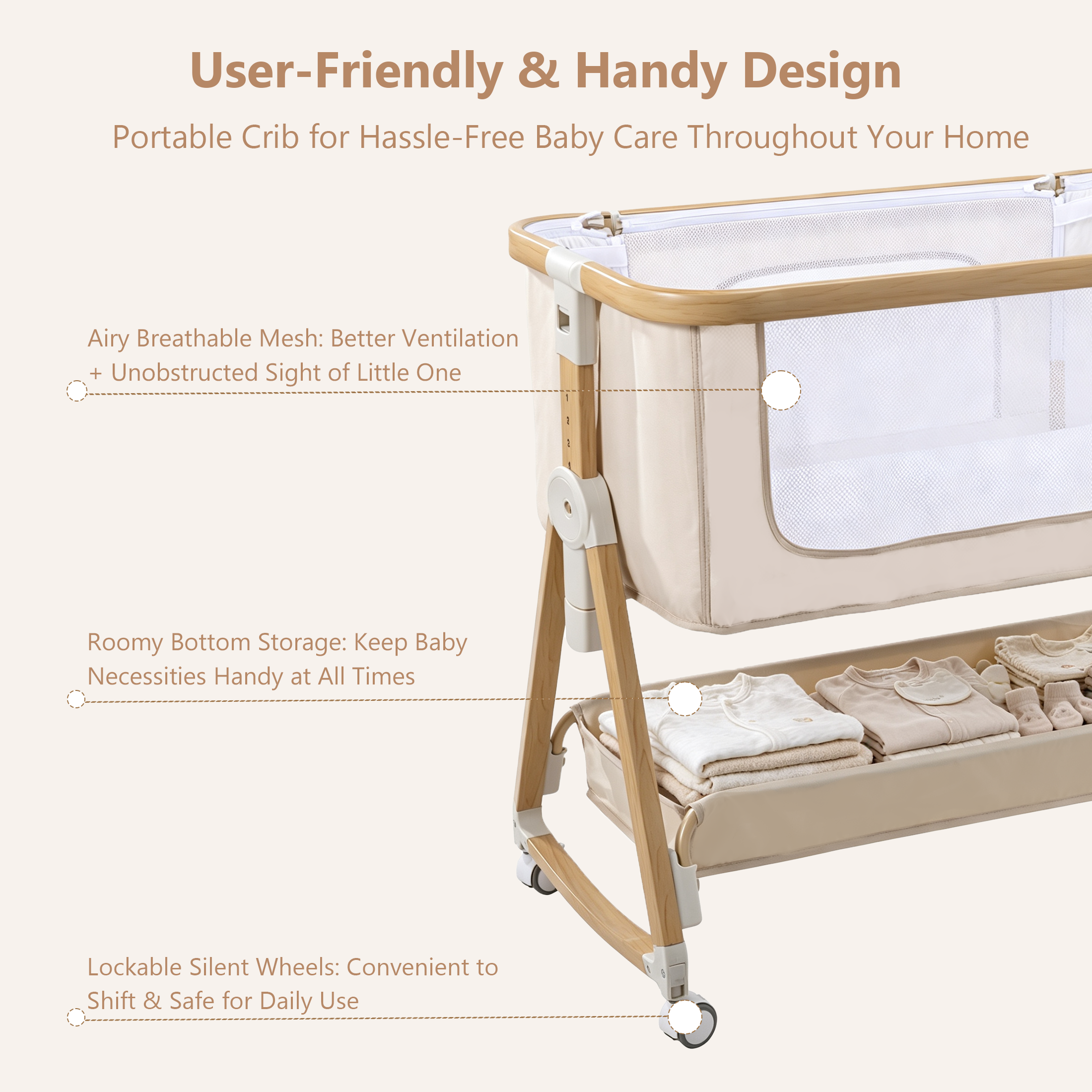 PRVAETU Baby Bassinet Bedside Sleeper, 6-Level Height Adjustable Bedside Crib with 360° Silent Lockable Wheels, Portable Bassinet for Newborns and Infants