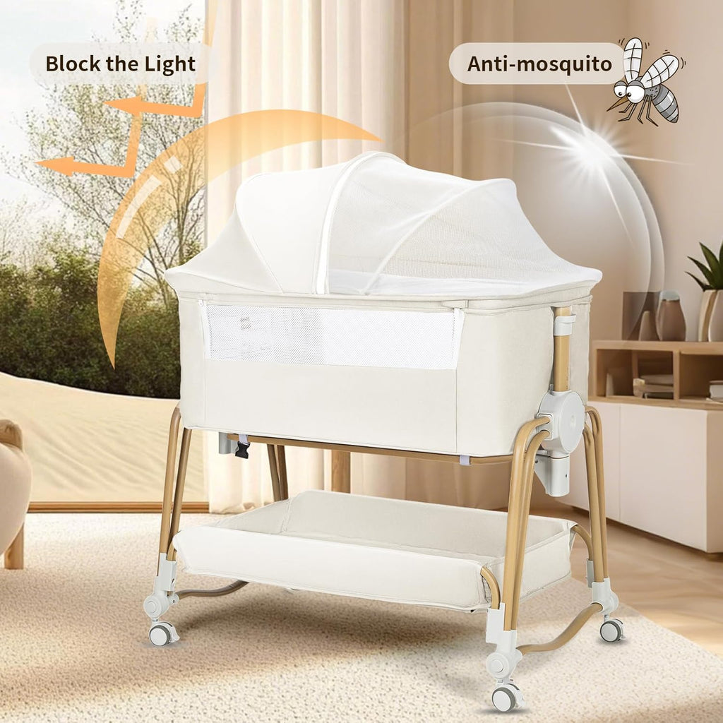 PRVAETU 4-in-1 Baby Bassinet & Bedside Sleeper for Babies, 7-Level Height Adjustable, Wheels with Storage Basket, Breathable Mesh,White