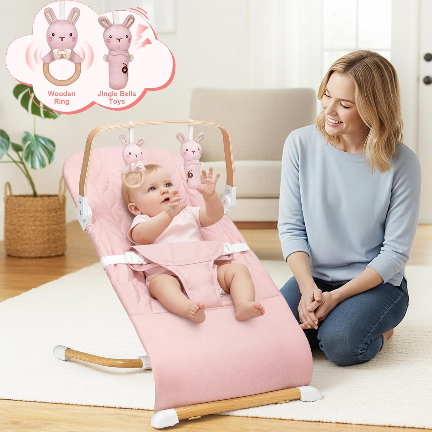 PRVAETU 3 in 1 Baby Bouncer (Sit, Play & Relax),3 Recline Positions,Foldable Baby Rocker Chair W/ Removable Wooden Bar for 0-12 Months Infant & Toddler
