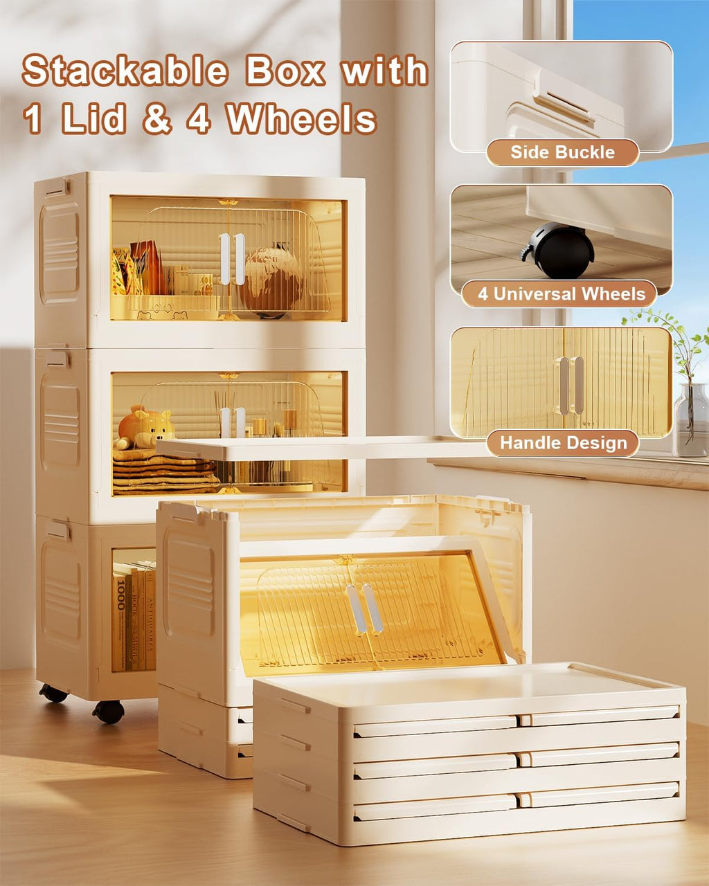 PRVAETU Stackable Storage Bins with Lids, Storage Containers W/ Wheels,Collapsible Plastic Closet Organizers for Home, Office,Dorm