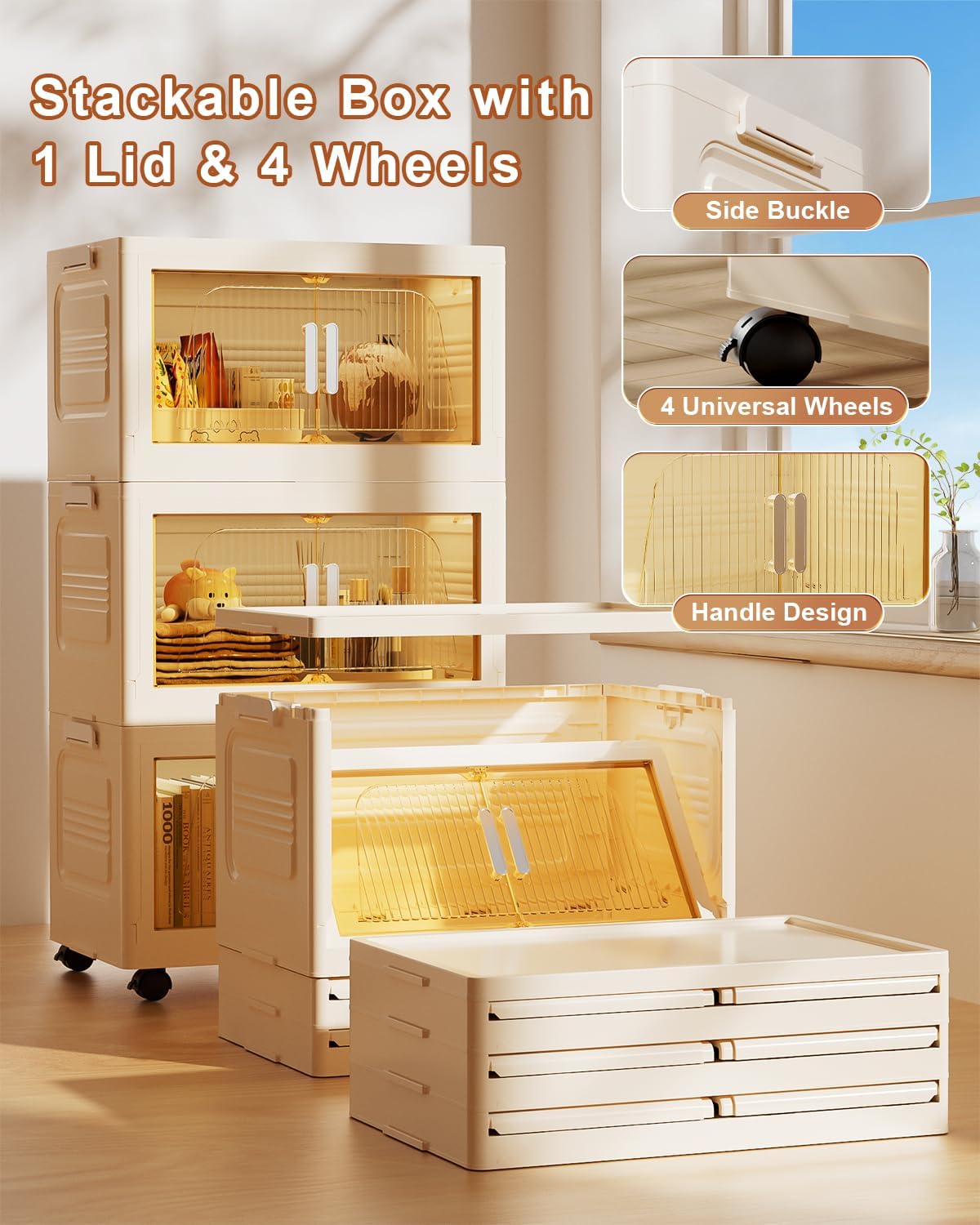 PRVAETU Stackable Storage Bins with Lids, Storage Containers W/ Wheels,Collapsible Plastic Closet Organizers for Home, Office,Dorm