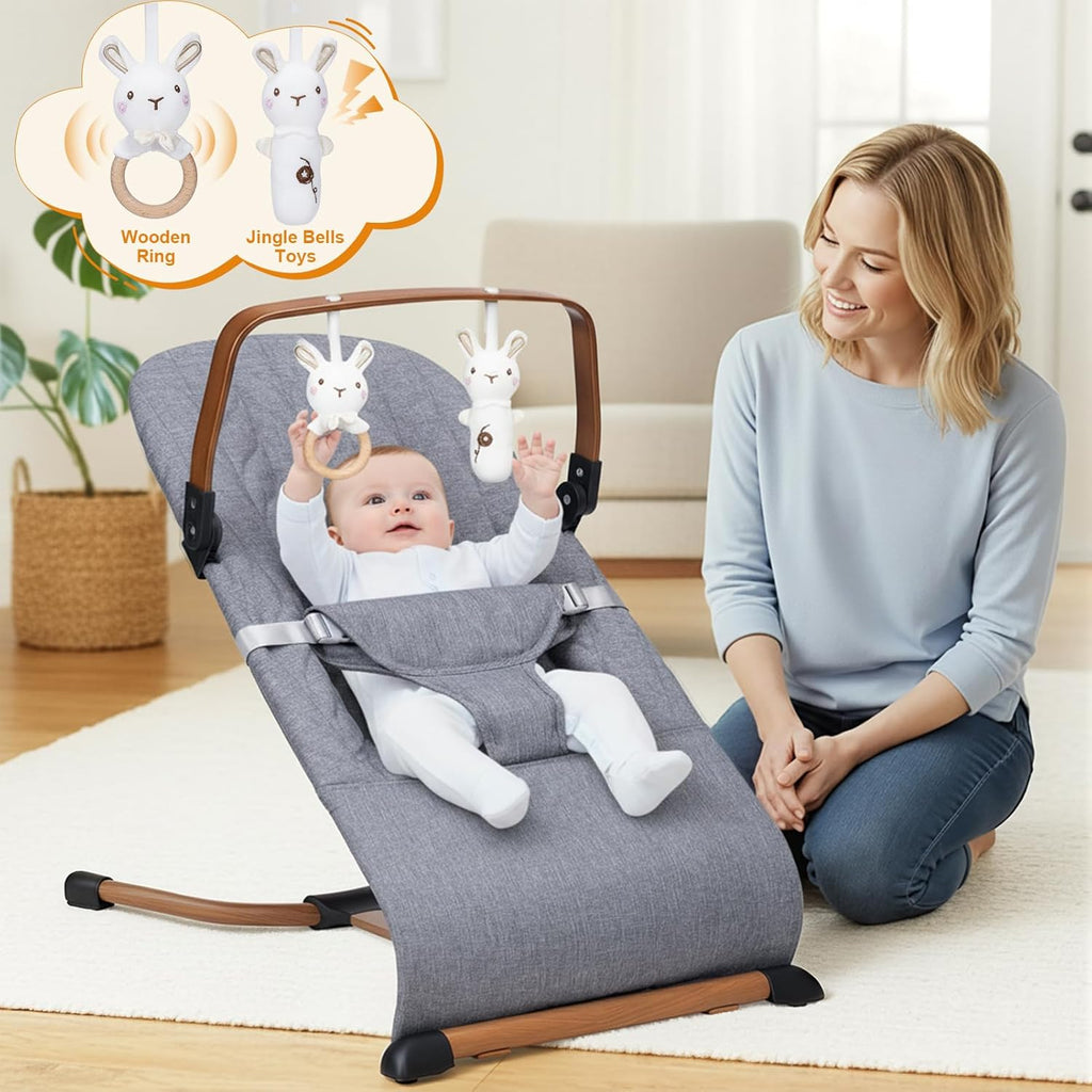 PRVAETU 3 in 1 Baby Bouncer (Sit, Play & Relax),3 Recline Positions,Foldable Baby Rocker Chair W/ Removable Wooden Bar for 0-12 Months Infant & Toddler