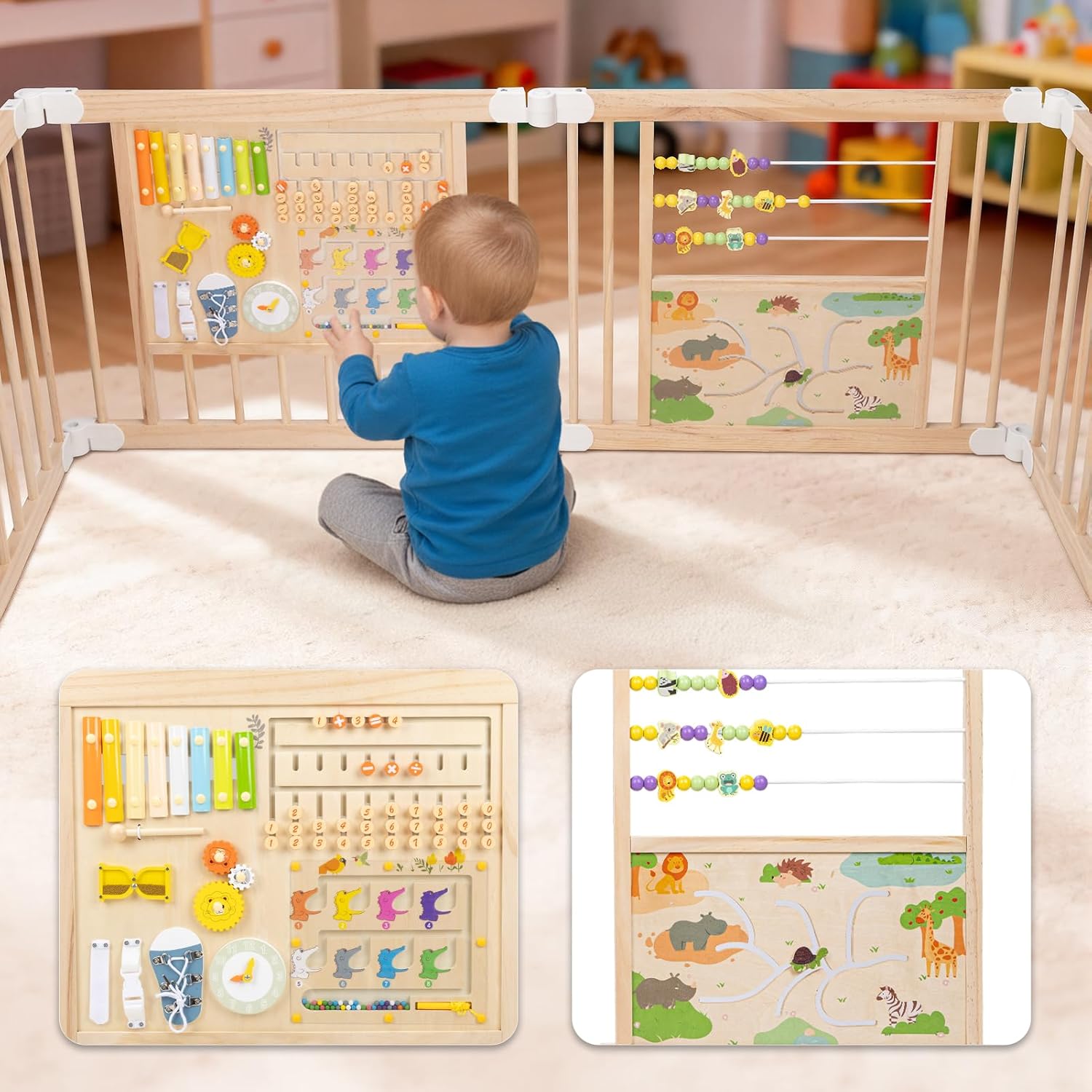 PRVAETU Foldable Wooden Baby Playpen with 2 Game Boards for Infant Girls & Boys, 10+ Toy Set, Large Play Yard Fence W/ Gate for Toddlers