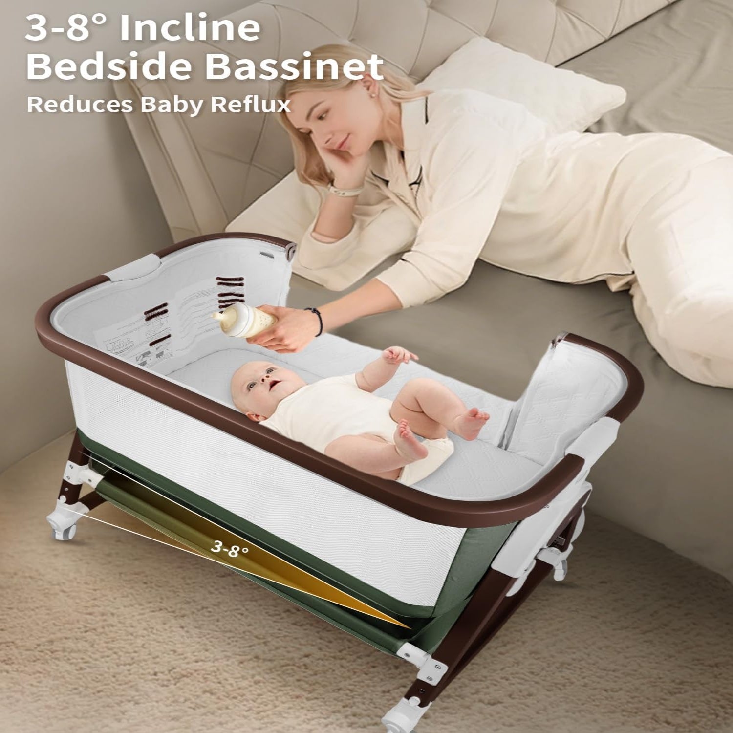 PRVAETU 4 in 1 Baby Bassinet Bedside Sleeper W/ Wheels,Storage Basket,Adjustable 7 Heights,Mosquito Net,Breathable Mesh Cradle for Infants Toddler