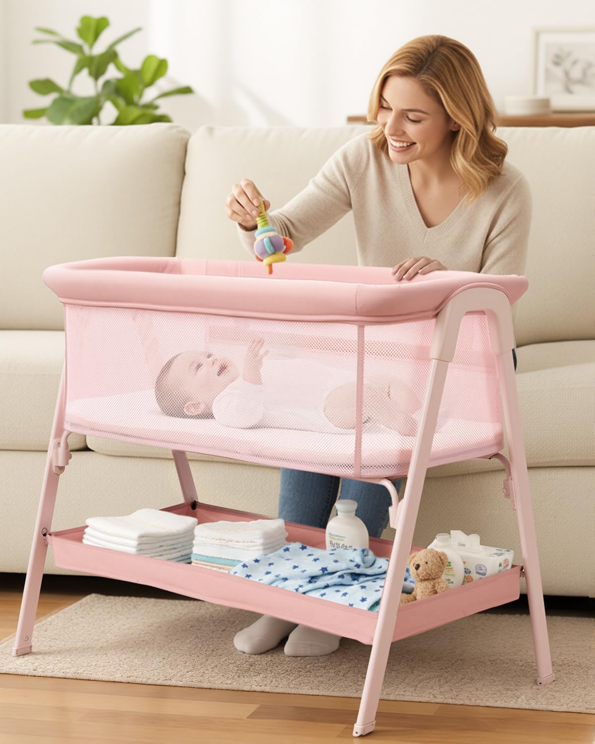 PRVAETU Baby Bassinet, Bedside Bassinet for Baby, Bassinet Bedside Sleeper with Mattress, Storage Basket and 4 Auto-Lock Wheels, Full-Mesh Sides, Bedside Crib for Newborn