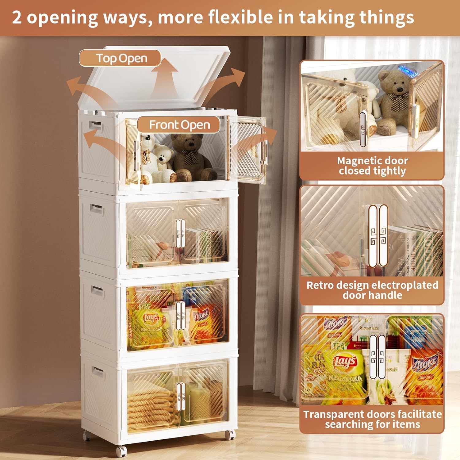 PRVAETU Storage Bins Storage Containers with Wheels and Magnetic Doors, Plastic Clothes Closet Organizers and Storage Box for Home and Office