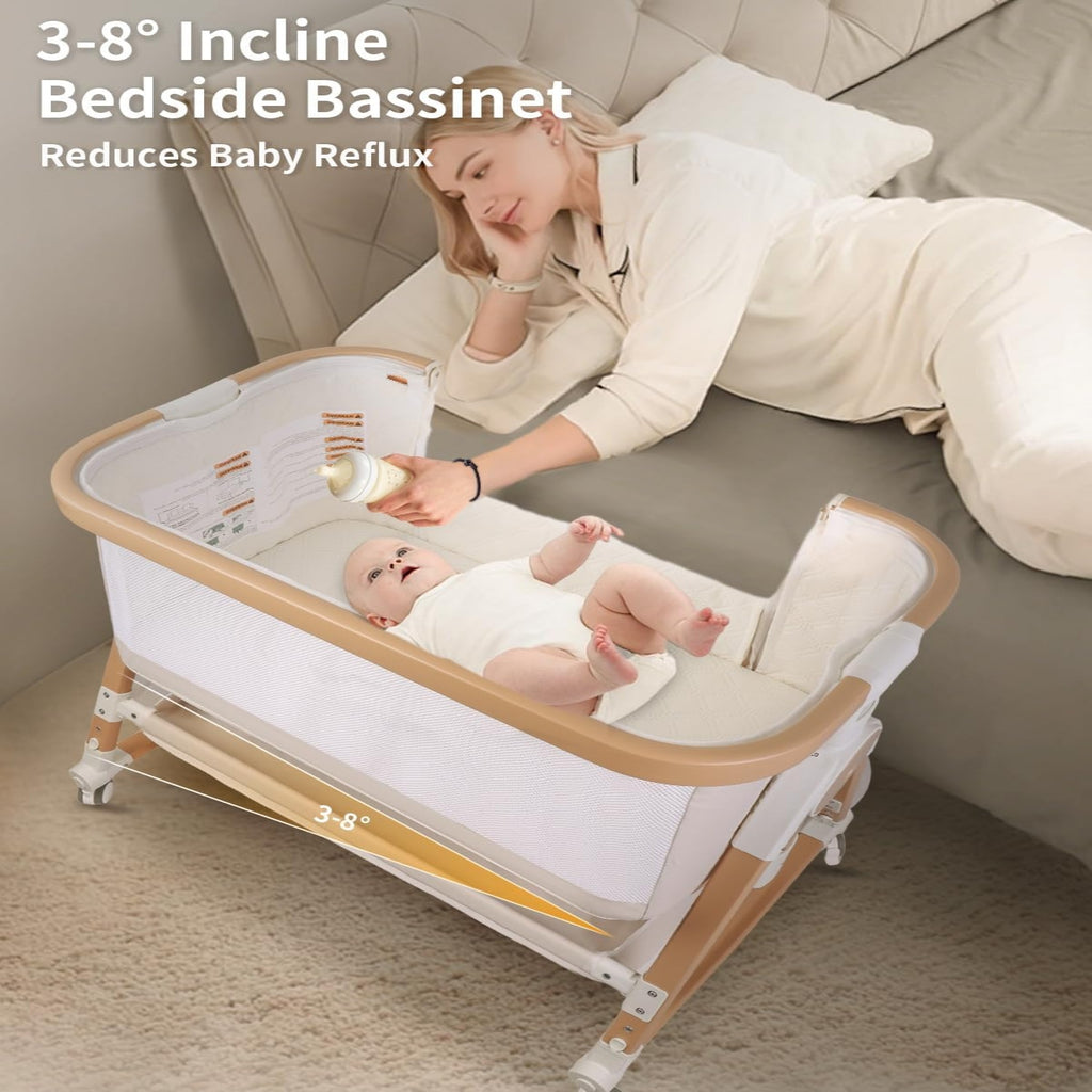 PRVAETU 4 in 1 Baby Bassinet Bedside Sleeper W/ Wheels,Storage Basket,Adjustable 7 Heights,Mosquito Net,Breathable Mesh Cradle for Infants Toddler