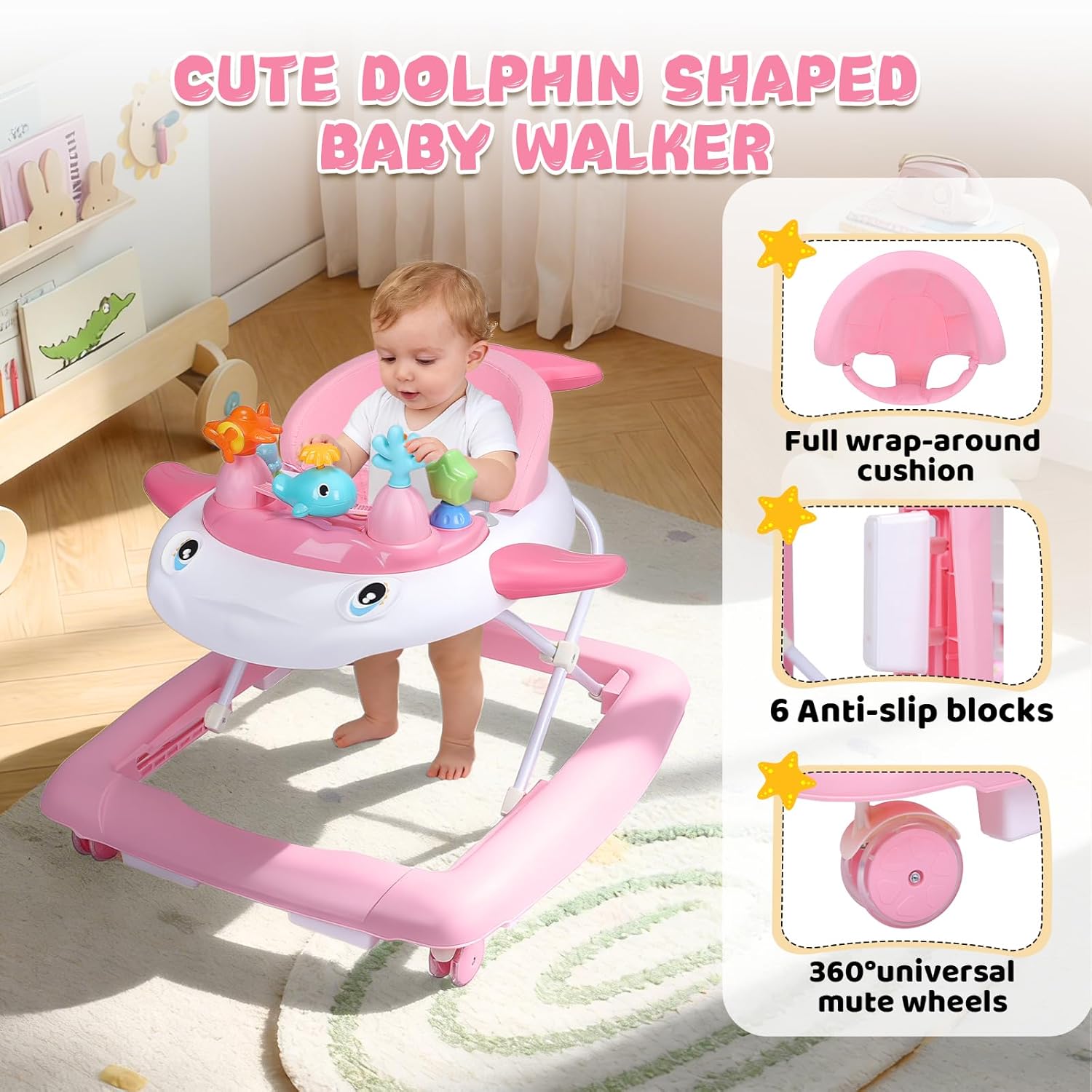 PRVAETU Baby Walker & Activity Center W/ Music & Lights,3 Adjustable Height, Anti-Rollover & Foldable Design for Infant Boy and Girl 6-18 Months