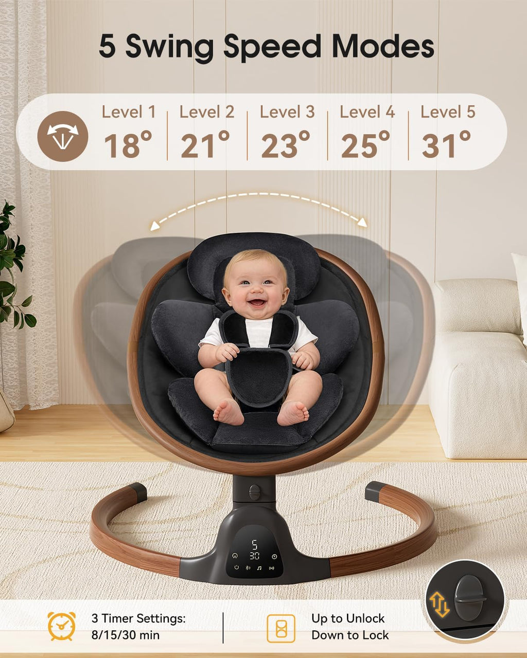 PRVAETU Baby Swing for Infants,5 Speeds,10 Lullabies,5-Point Harness,Electric Rocking Chair for Toddlers with Bluetooth,Remote Control,Touch Panel