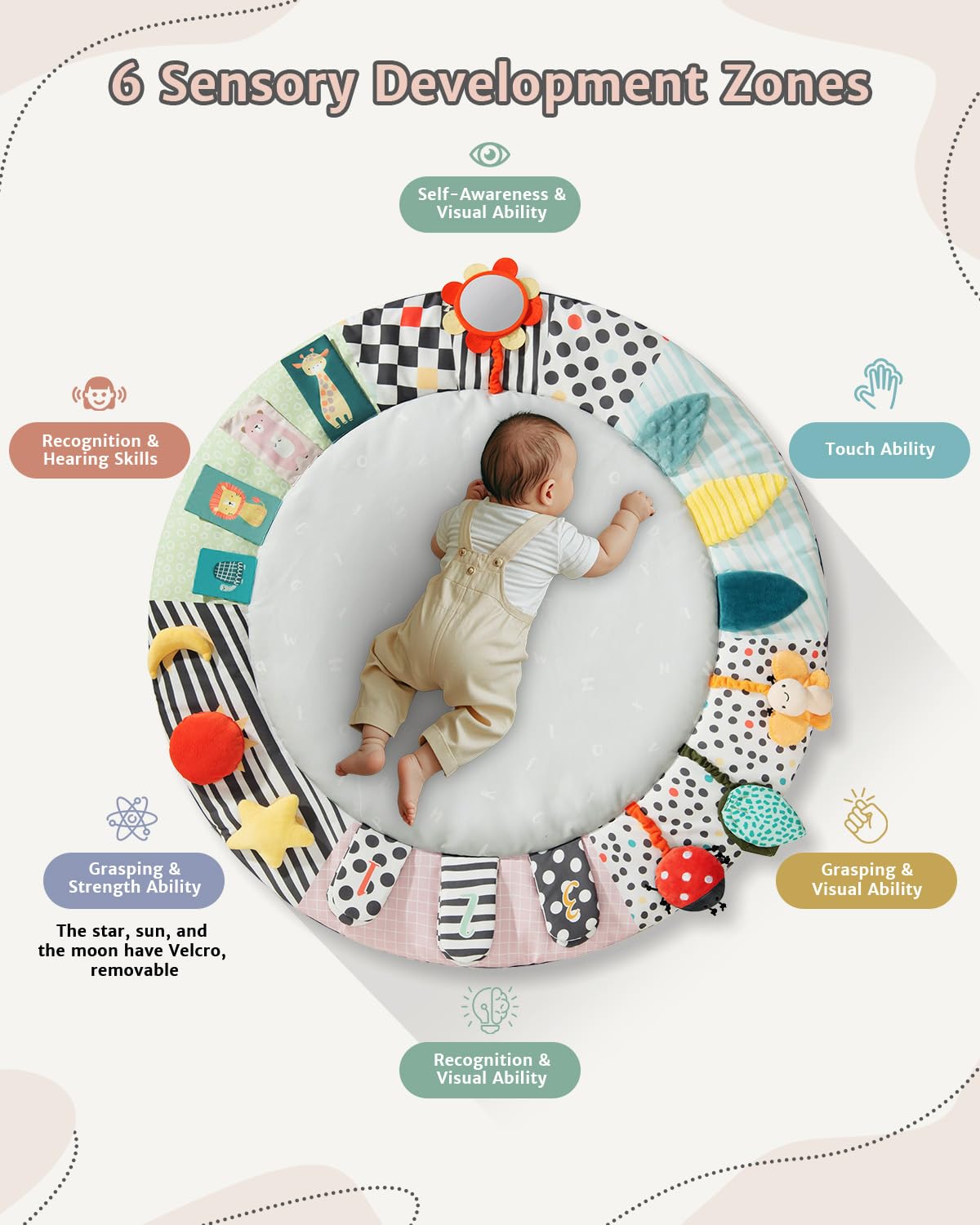 PRVAETU Wooden Baby Gym Play Mat, Foldable Tummy Time Playmat W/ 7 Detachable Toys for Infant Newborn Toddler Motor Skills Sensory Development