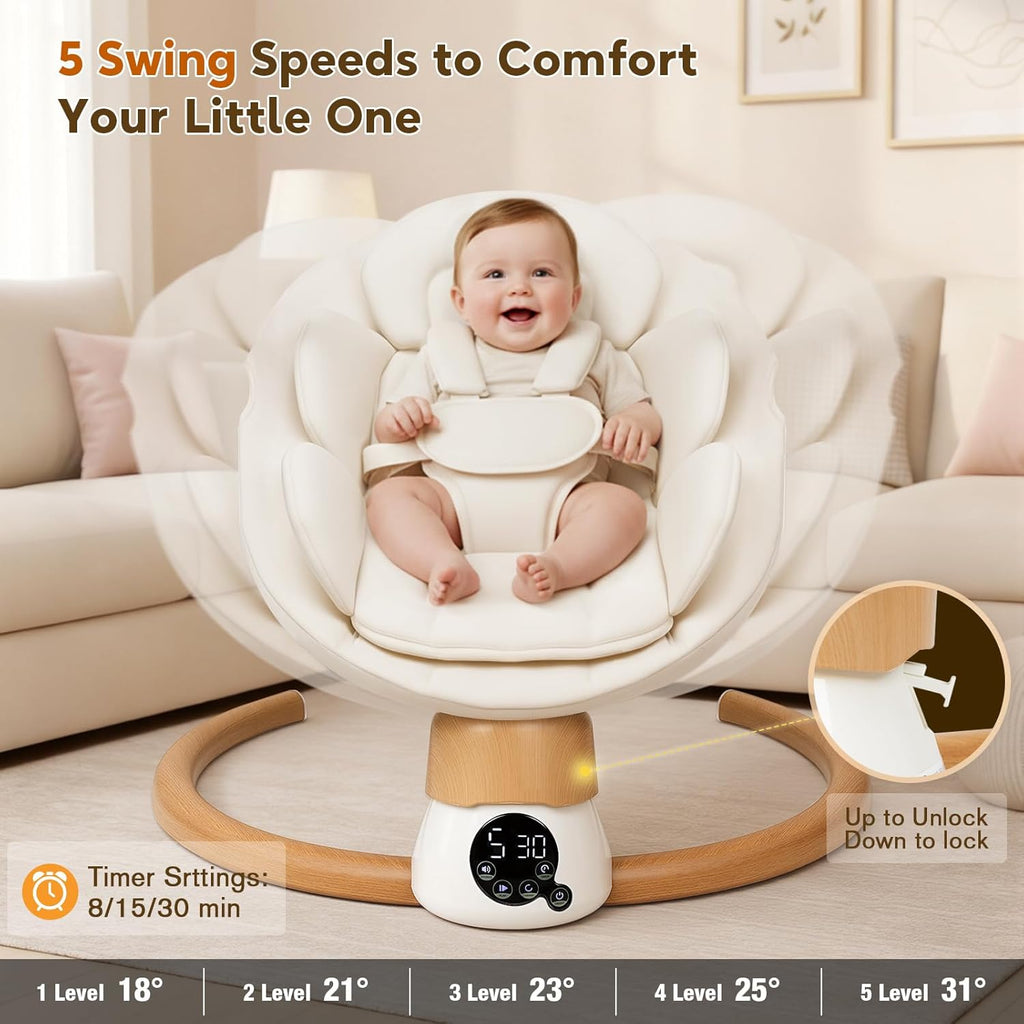 PRVAETU Electric Baby Swing for Infants, Portable Swing with Bluetooth,5 Speeds,3 Timers,10 Lullabies,5-Point Harness,Remote Control