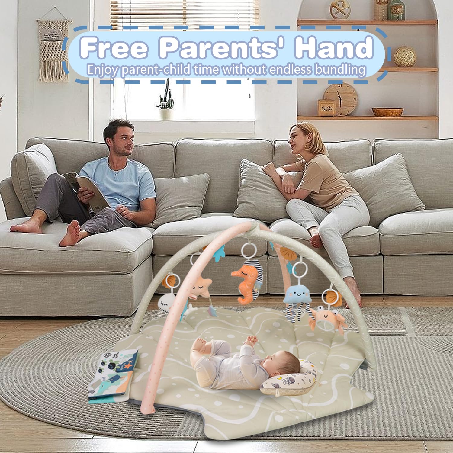 PRVAETU Baby Play Gym Mat, Oversize Tummy Time Activity Mat with 6 Detachable Toys for Infant 0-12 Months Sensory Exploration Skill Development