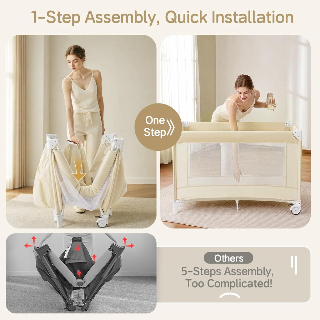 PRVAETU 4 in 1 Baby Bassinet for Baby, Bedside Bassinet & Crib Sleeper with Wheels, Diaper Changer, Mattress, Foldable Design for Newborn to Toddler