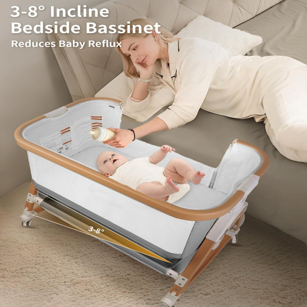 PRVAETU 4 in 1 Baby Bassinet Bedside Sleeper W/ Wheels,Storage Basket,Adjustable 7 Heights,Mosquito Net,Breathable Mesh Cradle for Infants Toddler