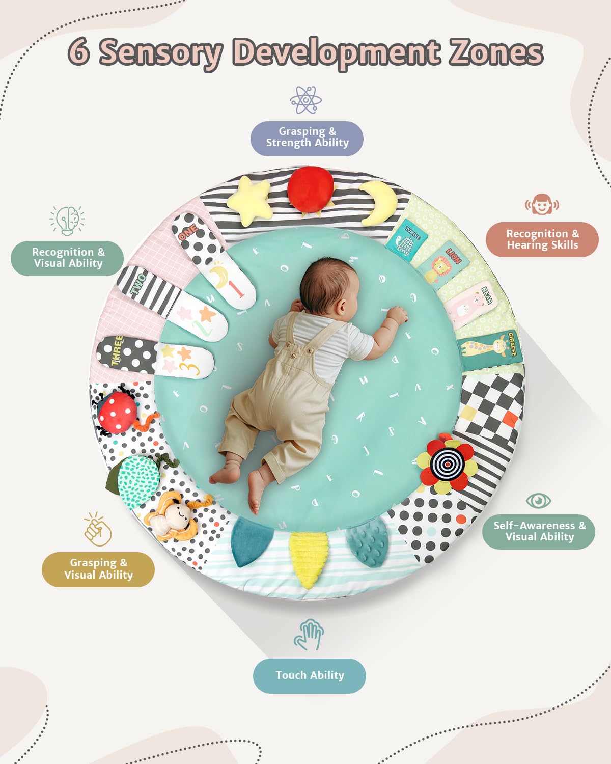 PRVAETU Wooden Baby Gym Play Mat, Foldable Tummy Time Playmat W/ 7 Detachable Toys for Infant Newborn Toddler Motor Skills Sensory Development