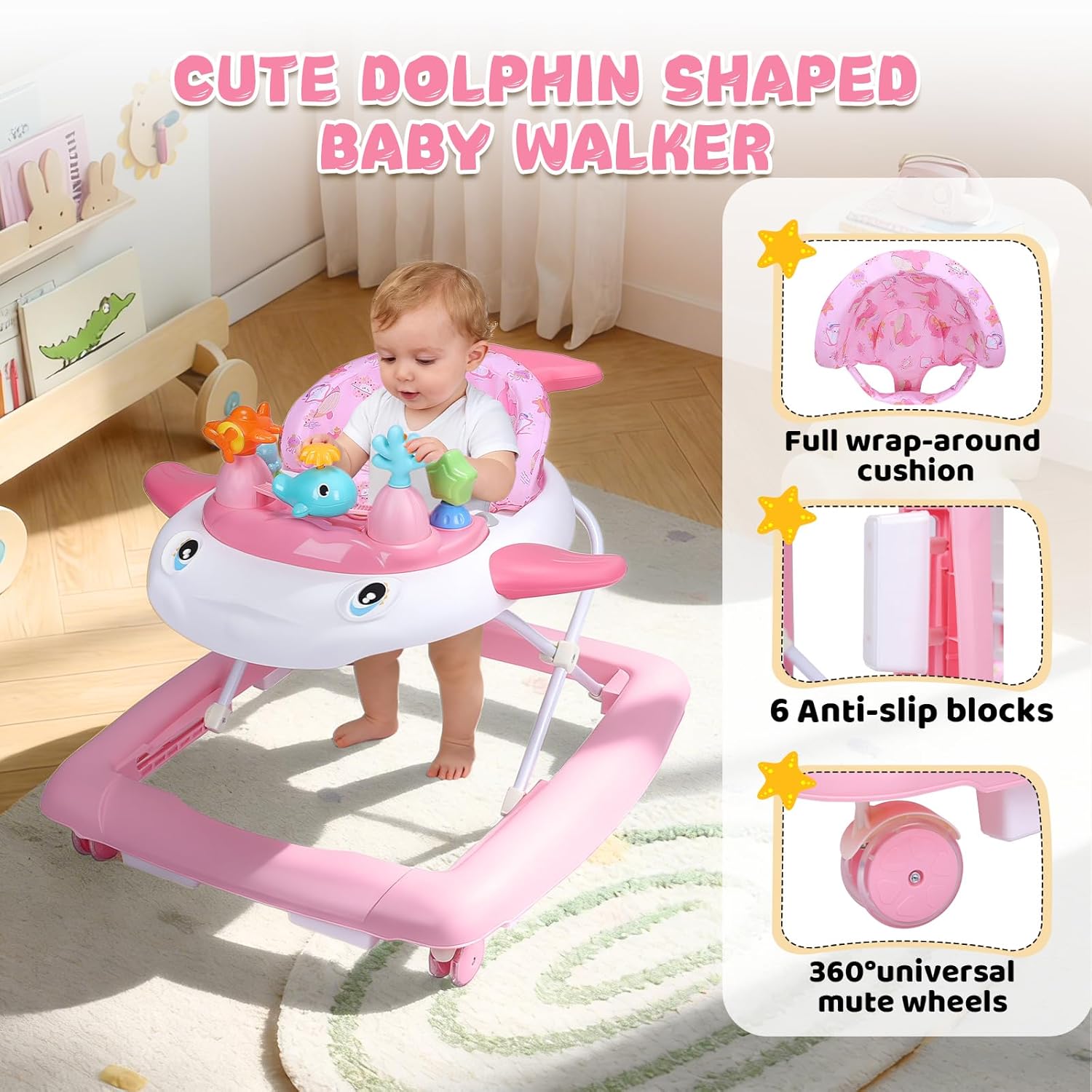 PRVAETU Baby Walker & Activity Center W/ Music & Lights,3 Adjustable Height, Anti-Rollover & Foldable Design for Infant Boy and Girl 6-18 Months
