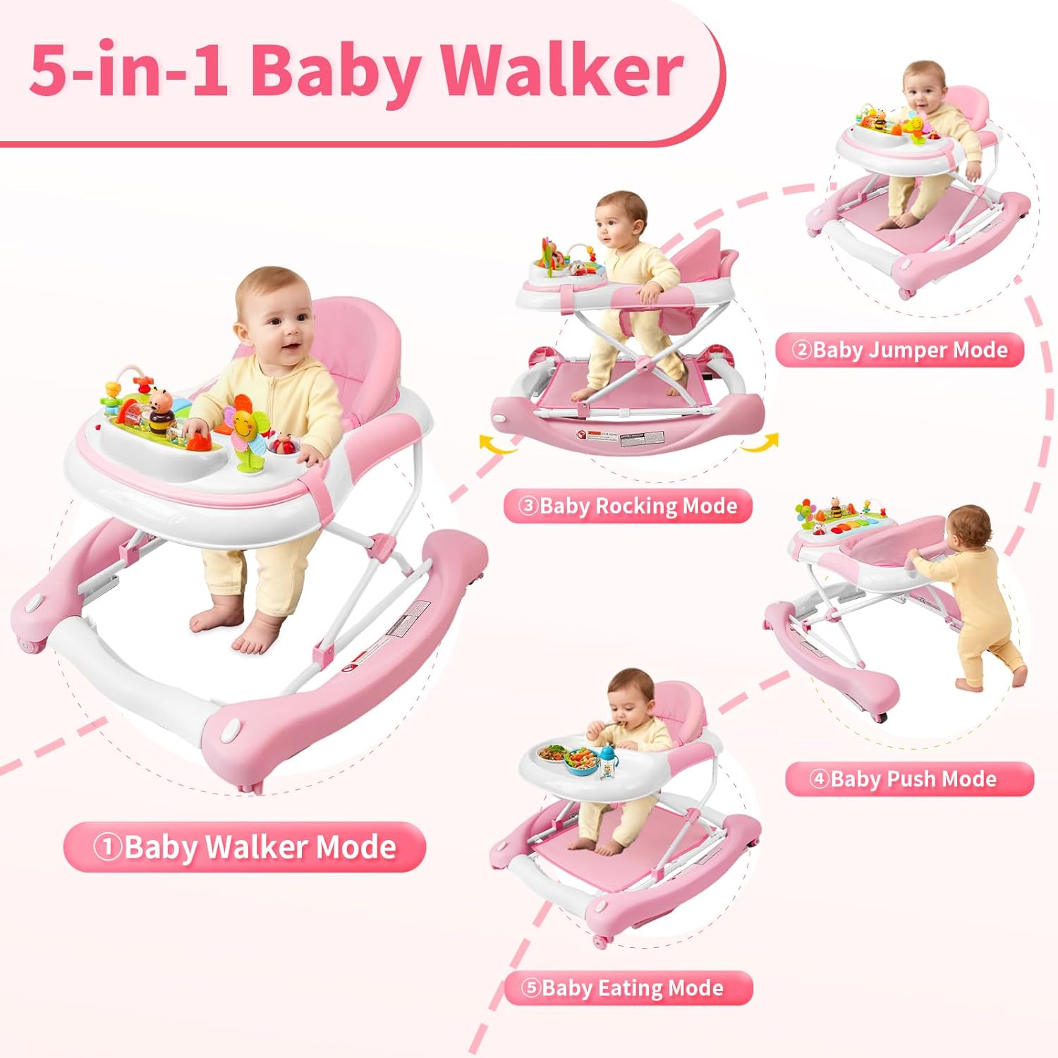 PRVAETU 5 in 1 Baby Walker (Walk,Jumper,Rocking,Push,Eating Mode) for Boys Girls,Foldable,Music & Light,Height Adjustable,Wheels for Infant Babies