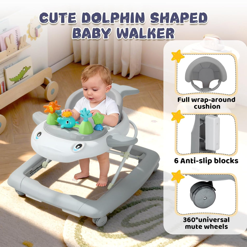 PRVAETU Baby Walker & Activity Center W/ Music & Lights,3 Adjustable Height, Anti-Rollover & Foldable Design for Infant Boy and Girl 6-18 Months