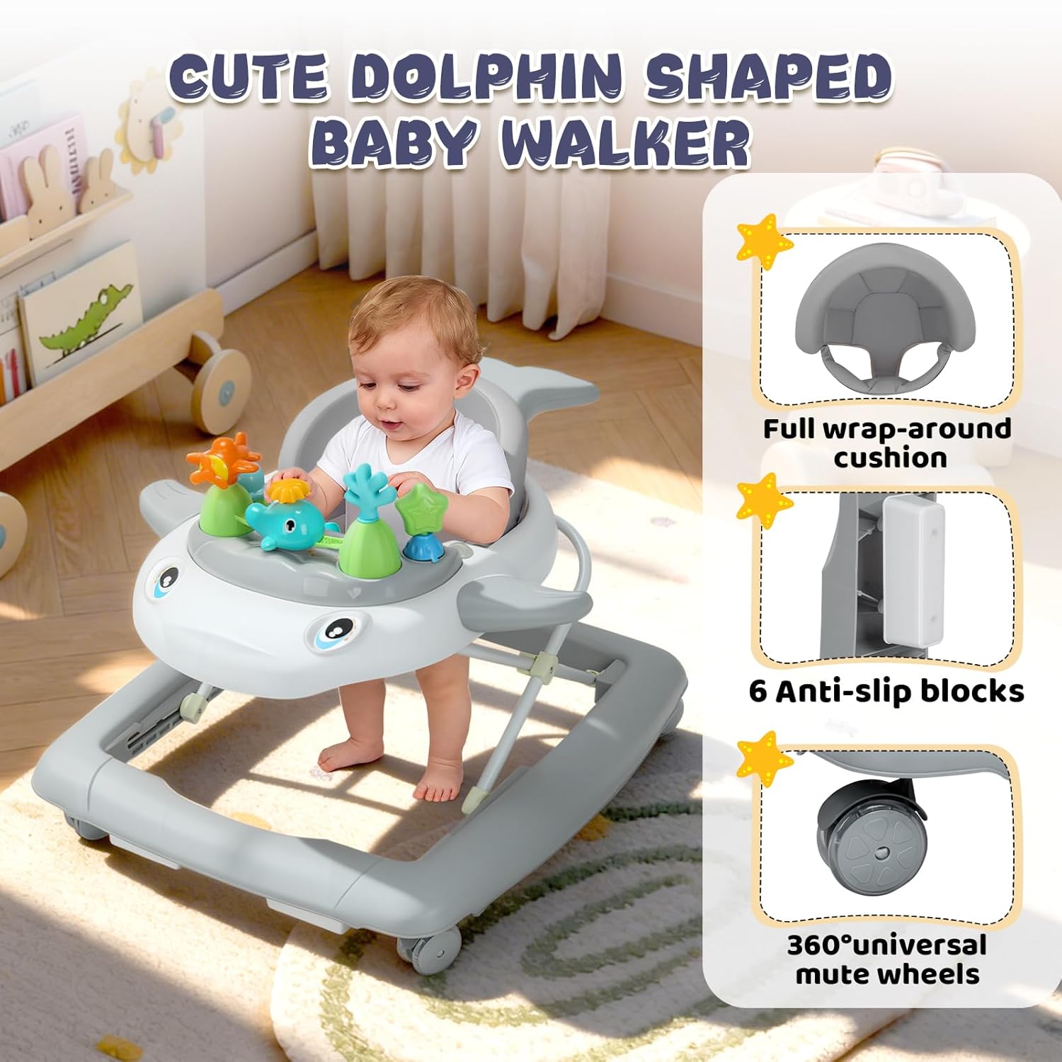 PRVAETU Baby Walker & Activity Center W/ Music & Lights,3 Adjustable Height, Anti-Rollover & Foldable Design for Infant Boy and Girl 6-18 Months